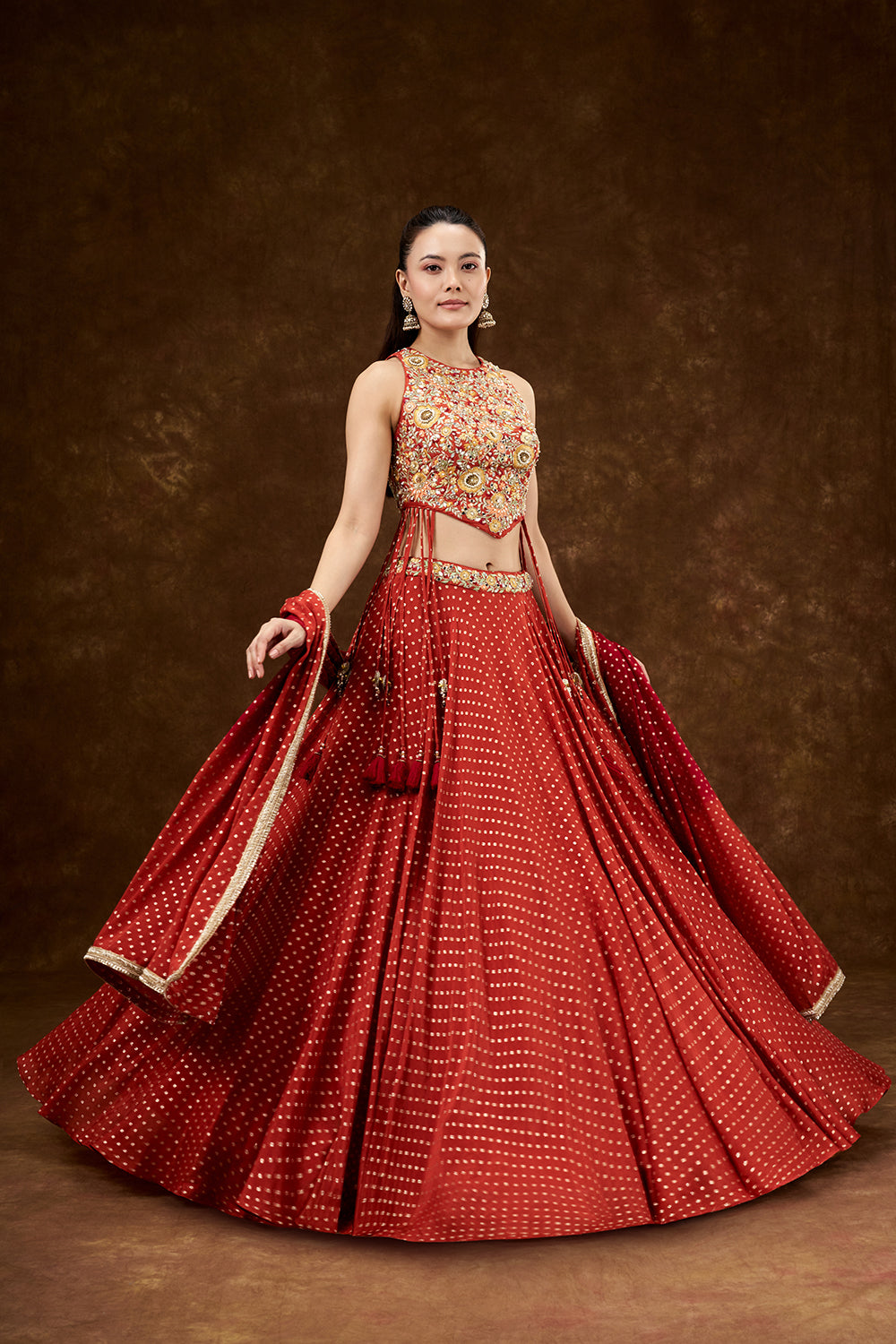 Orange Chiffon Crepe Lehenga with Resham and Pearl Work