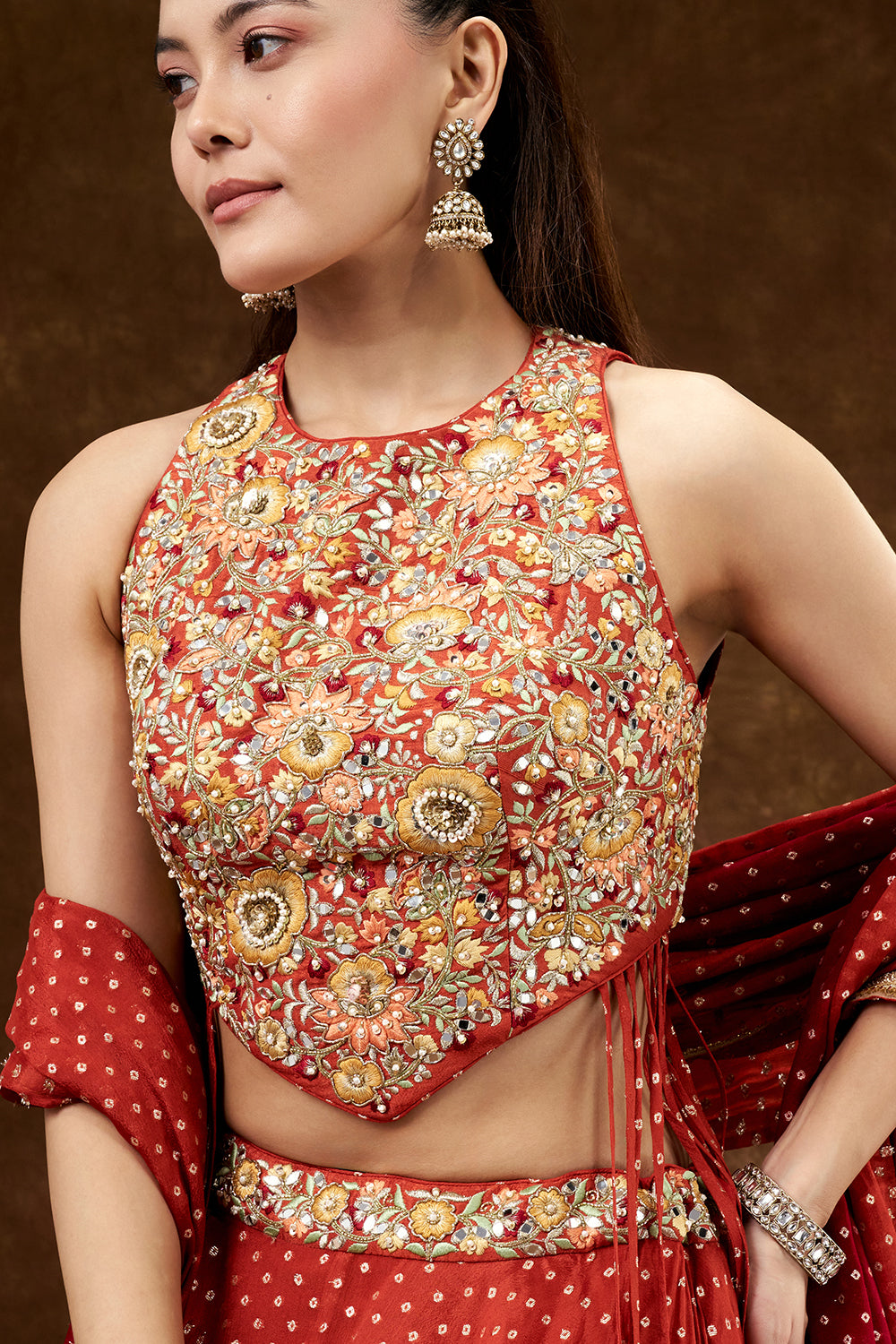 Orange Chiffon Crepe Lehenga with Resham and Pearl Work