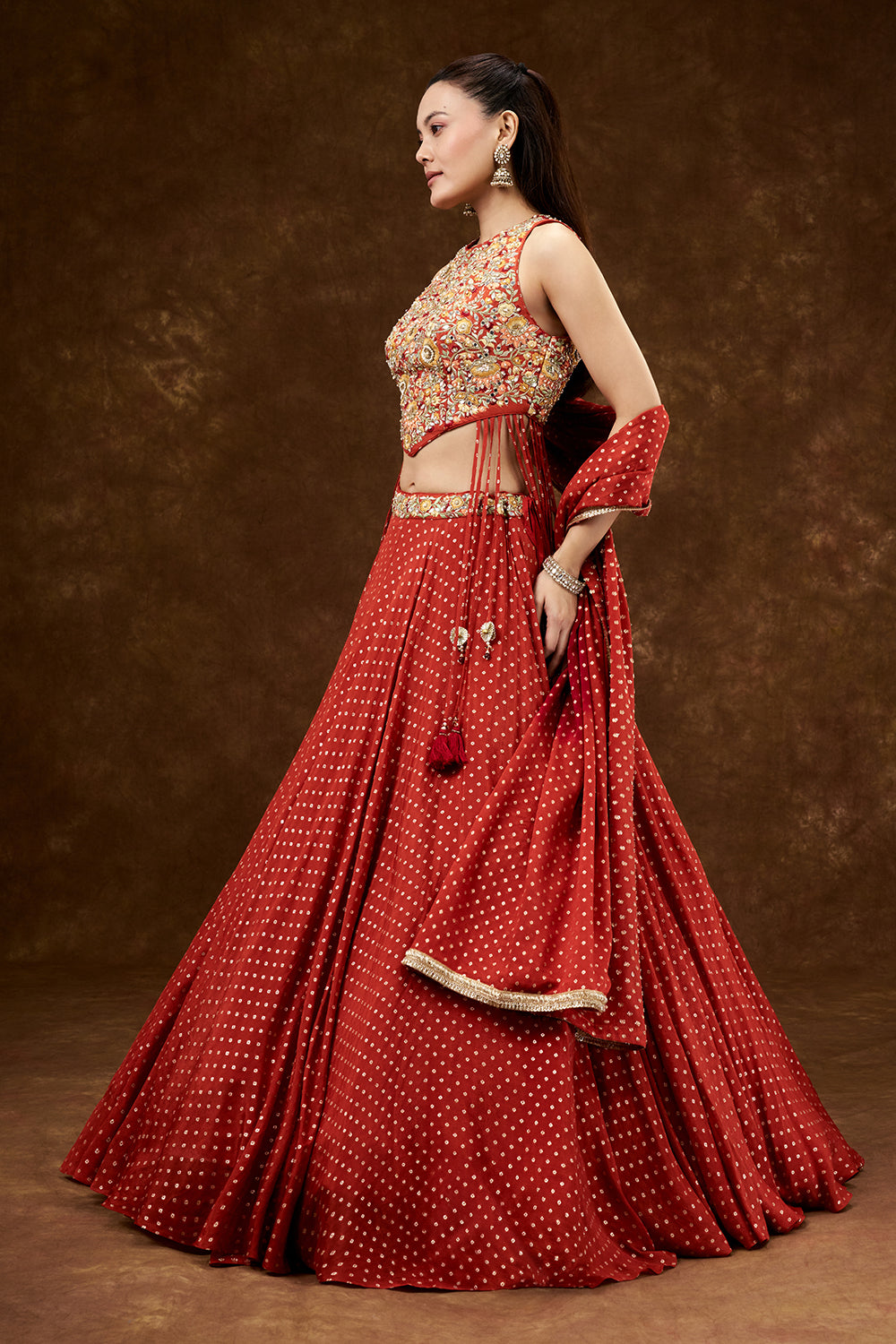 Orange Chiffon Crepe Lehenga with Resham and Pearl Work