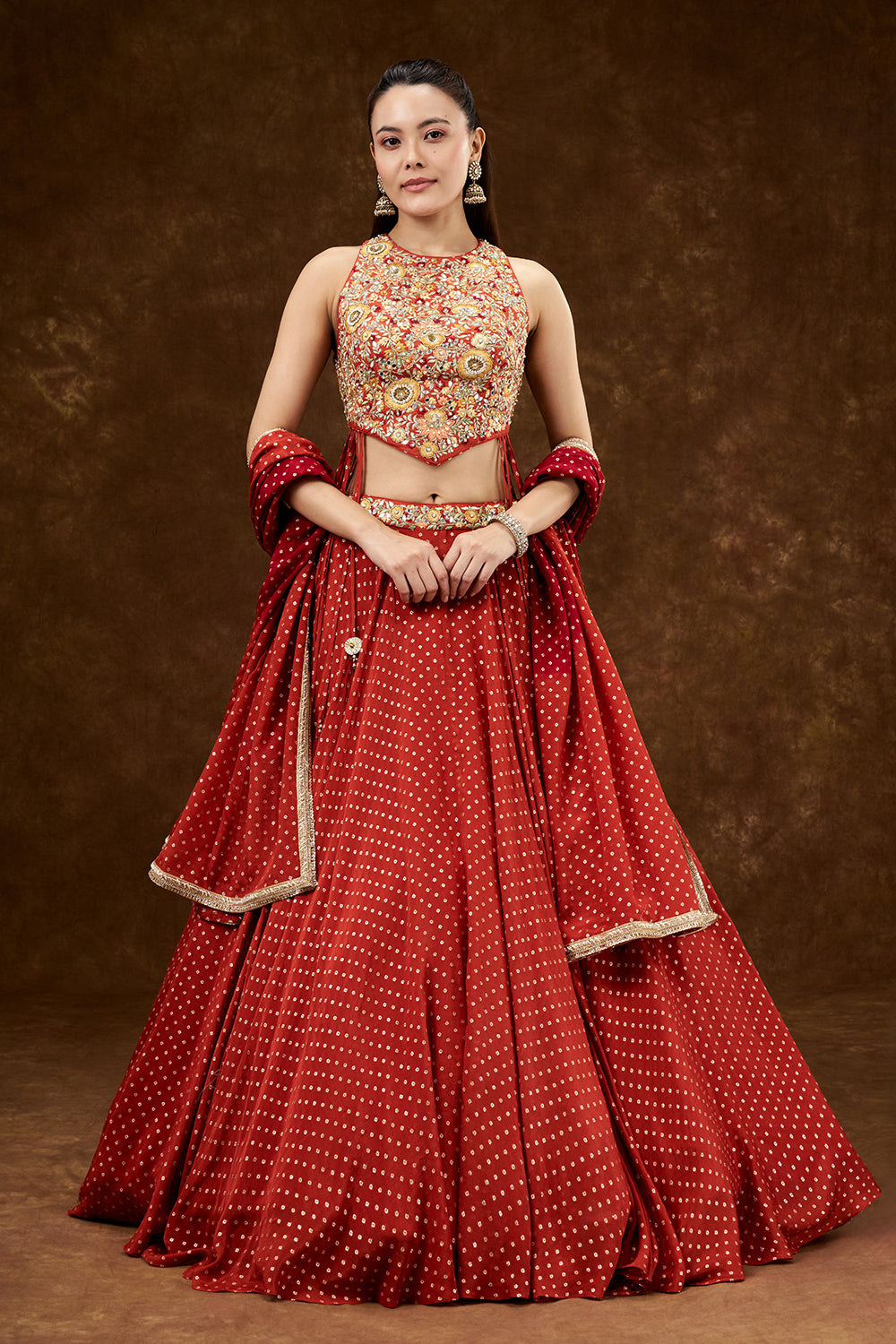 Orange Chiffon Crepe Lehenga with Resham and Pearl Work