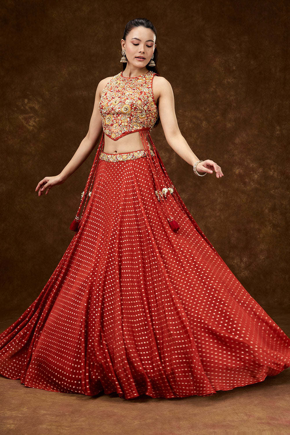 Orange Chiffon Crepe Lehenga with Resham and Pearl Work