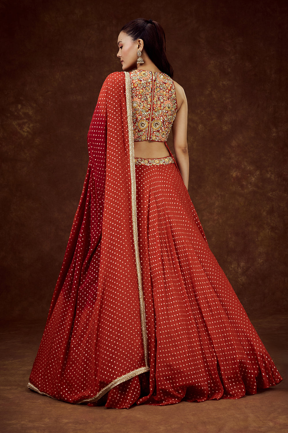 Orange Chiffon Crepe Lehenga with Resham and Pearl Work