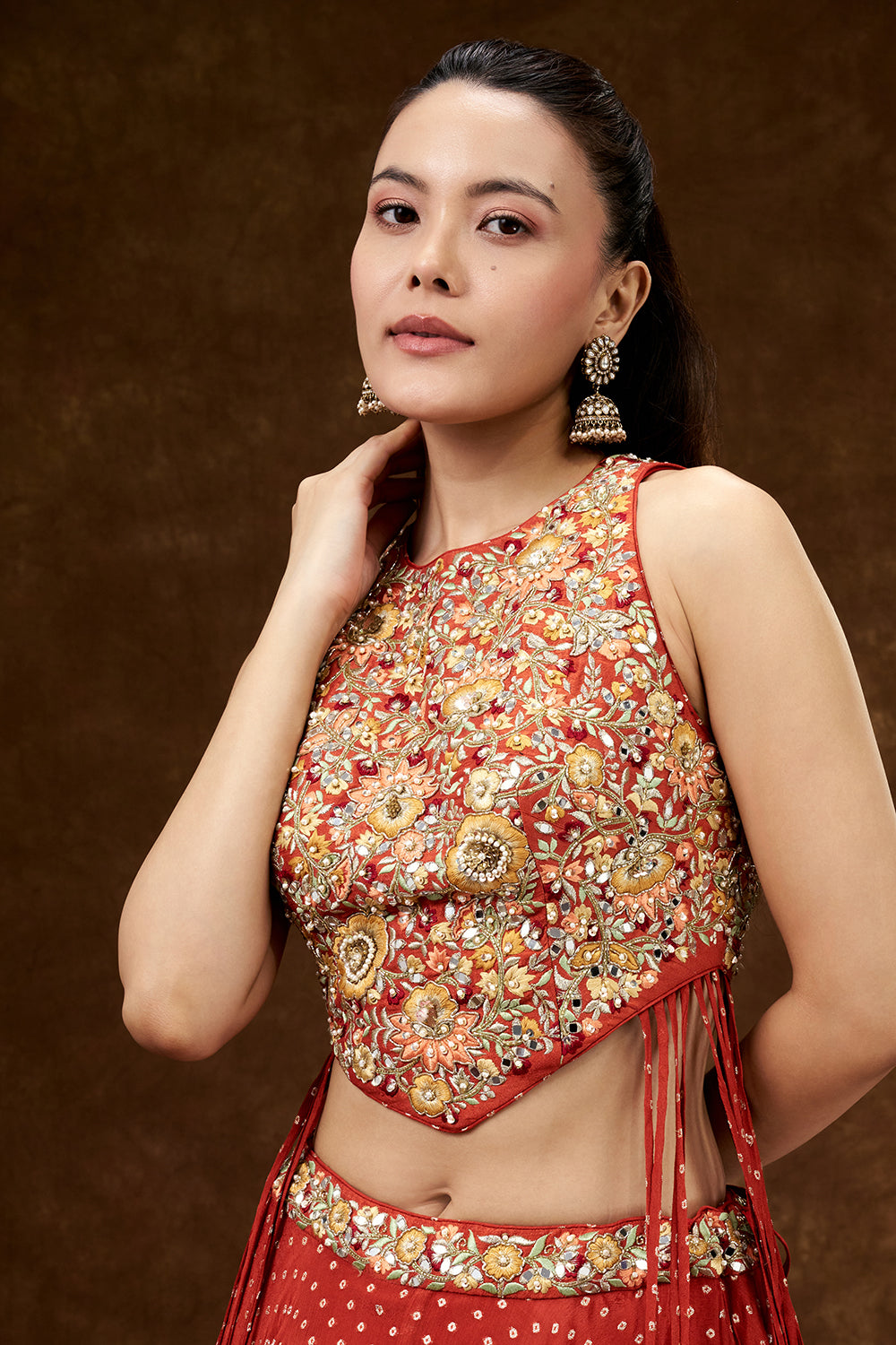 Orange Chiffon Crepe Lehenga with Resham and Pearl Work