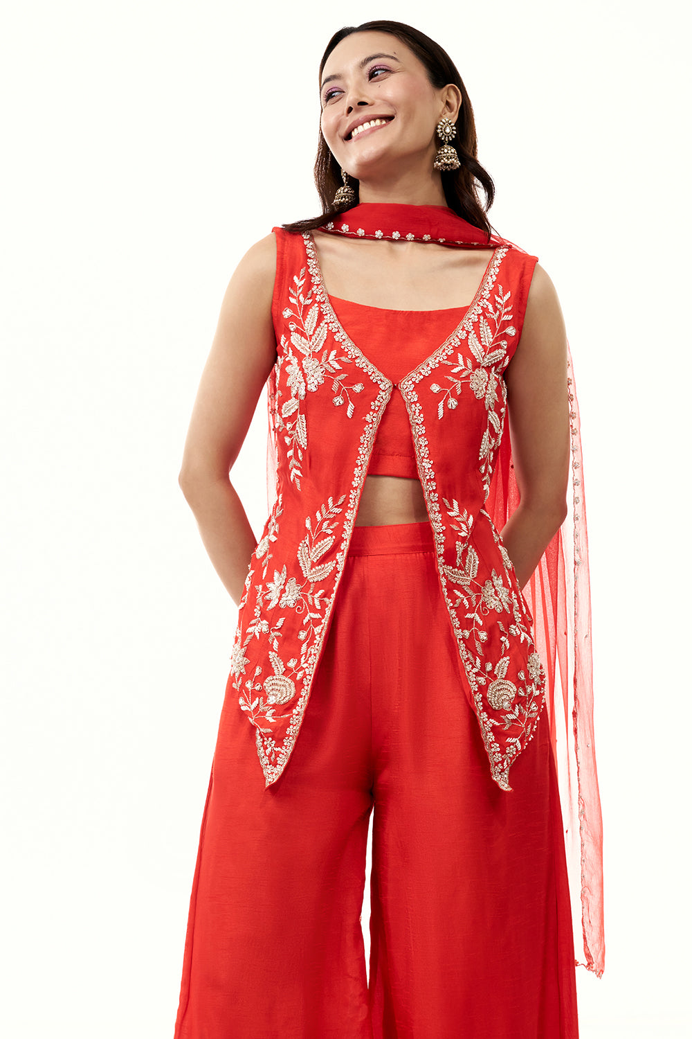 Orange Cotton Silk Palazzo Set with Cutdana and Moti Work