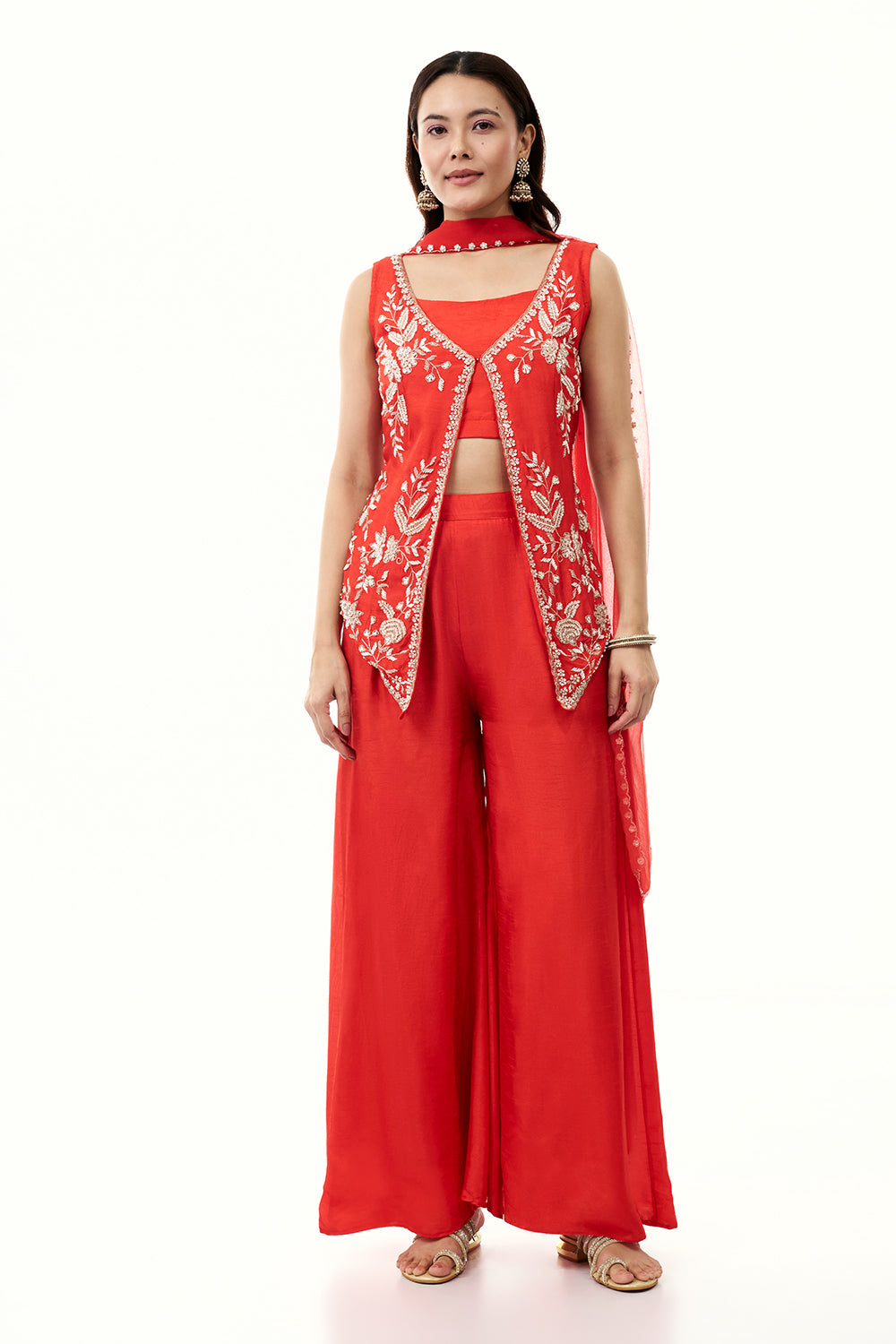Orange Cotton Silk Palazzo Set with Cutdana and Moti Work