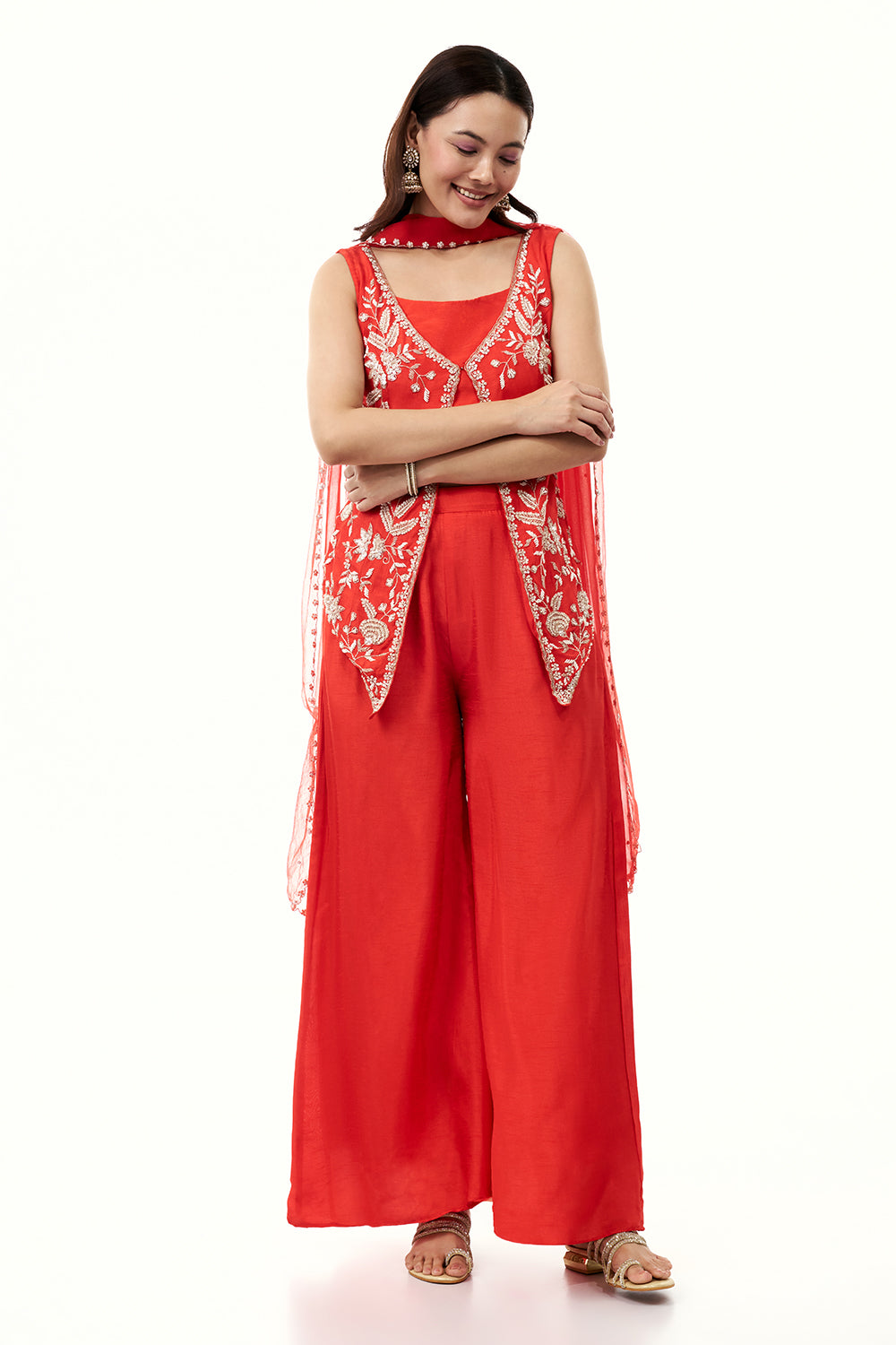 Orange Cotton Silk Palazzo Set with Cutdana and Moti Work