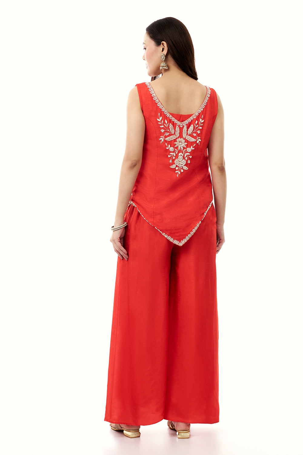 Orange Cotton Silk Palazzo Set with Cutdana and Moti Work