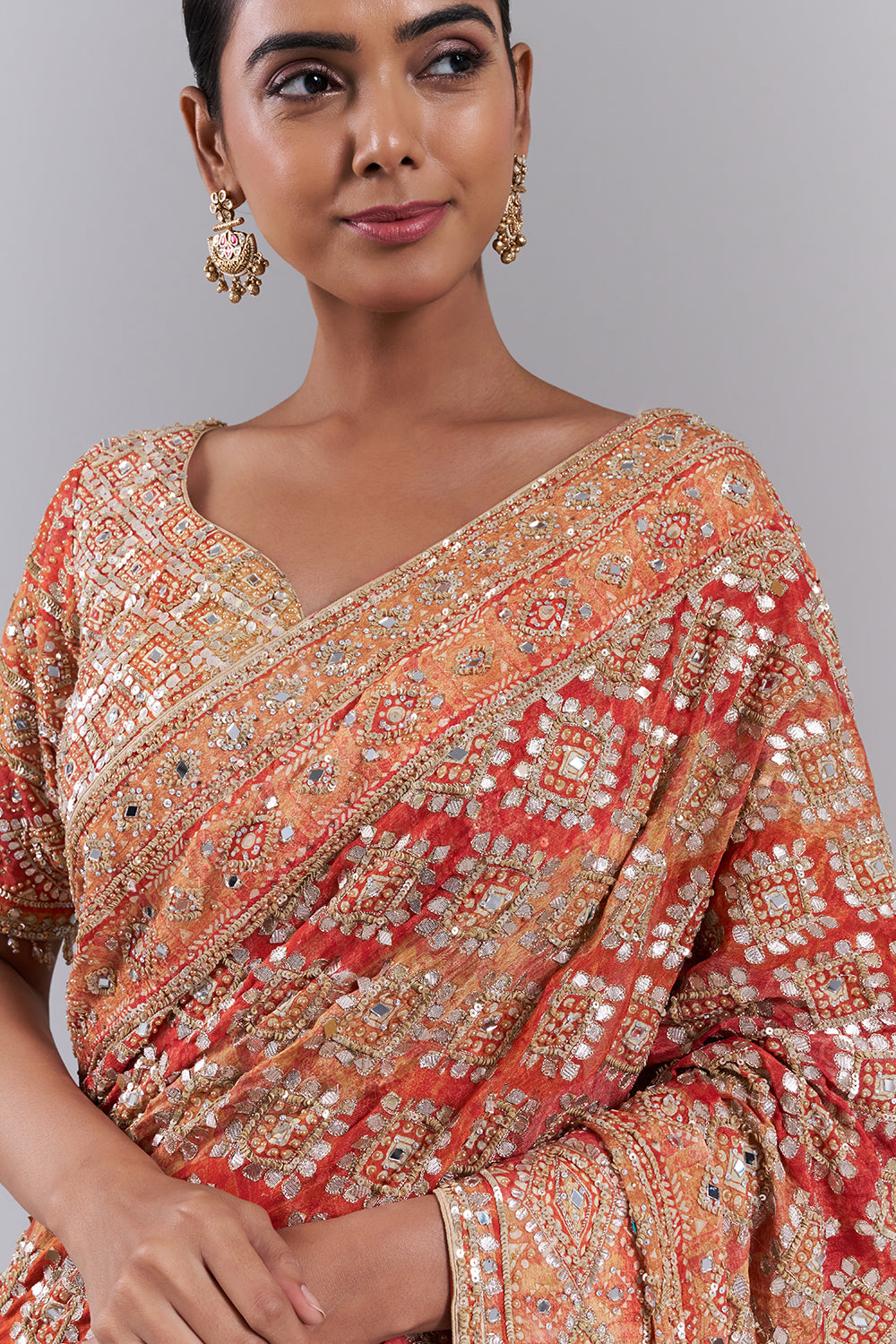 Orange Crepe Embellished Saree And Stitched Blouse