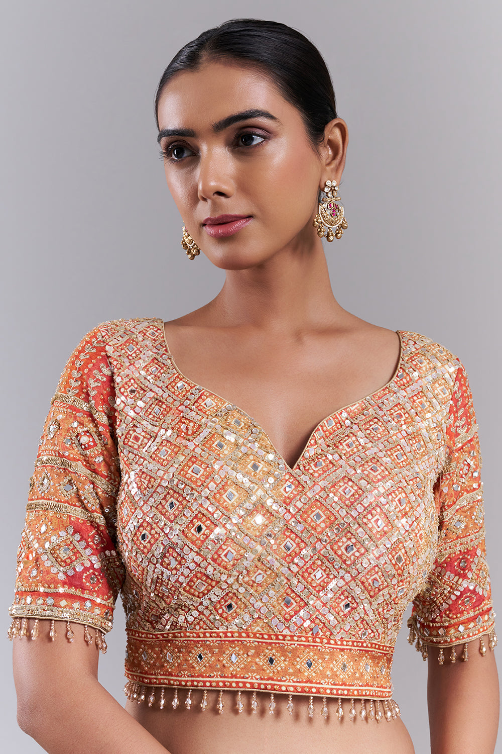 Orange Crepe Embellished Saree And Stitched Blouse
