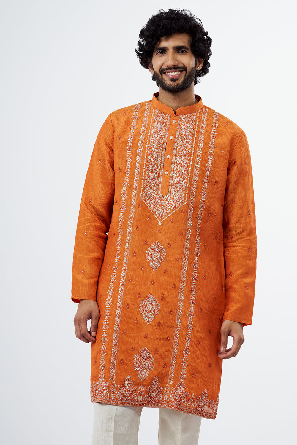 Orange Embroidered Men's Kurta Set