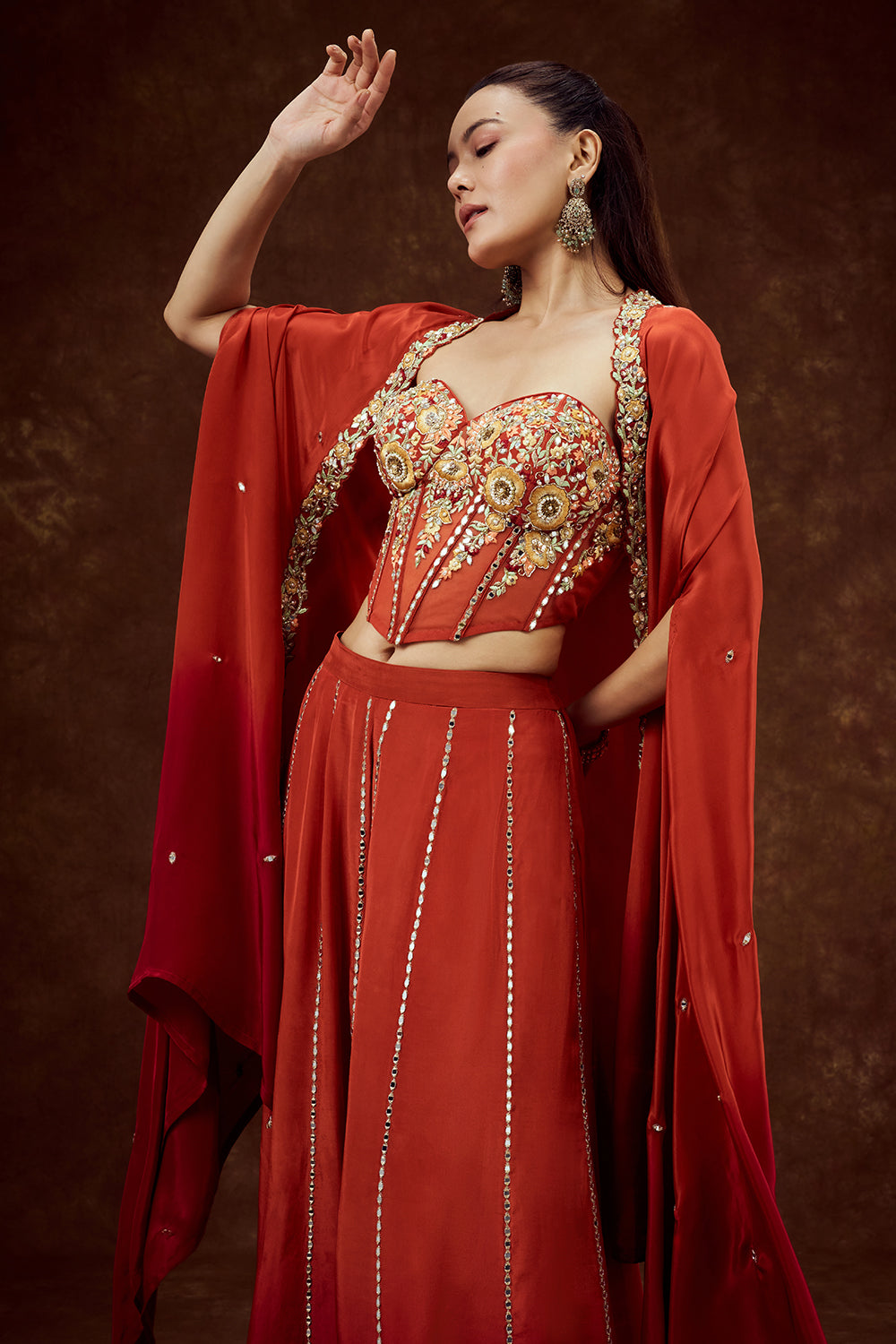 Orange Satin Crepe Cape Set with Thread and Mirror Work