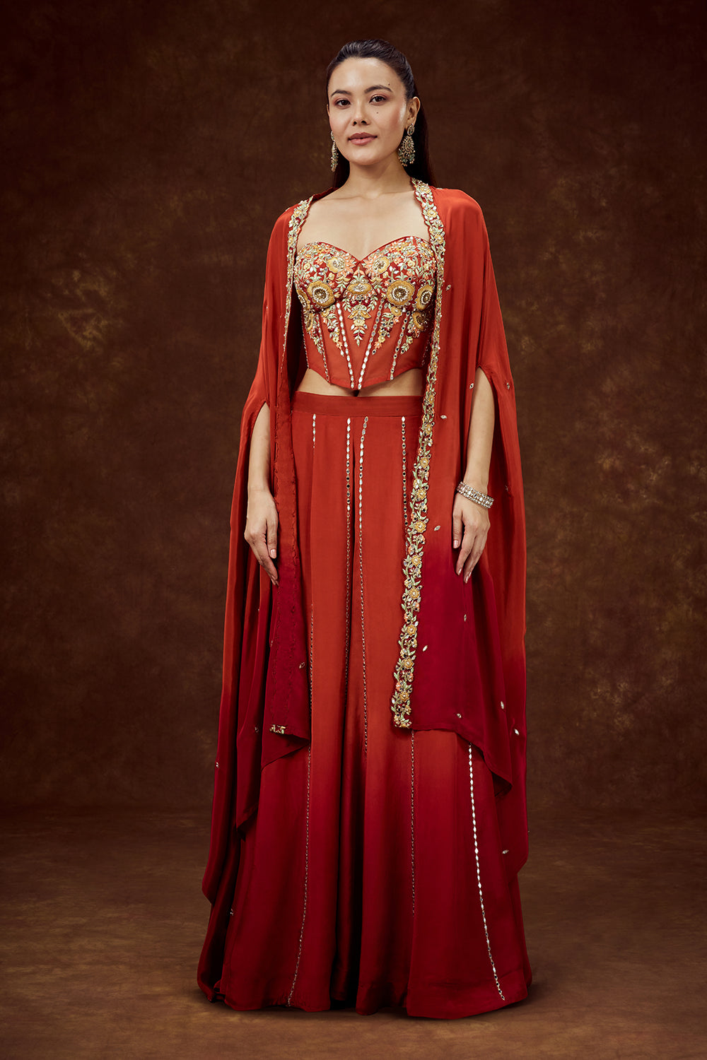 Orange Satin Crepe Cape Set with Thread and Mirror Work