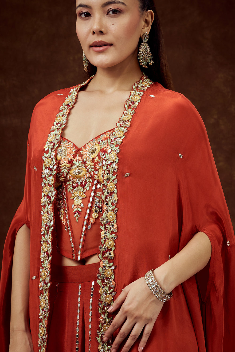 Orange Satin Crepe Cape Set with Thread and Mirror Work