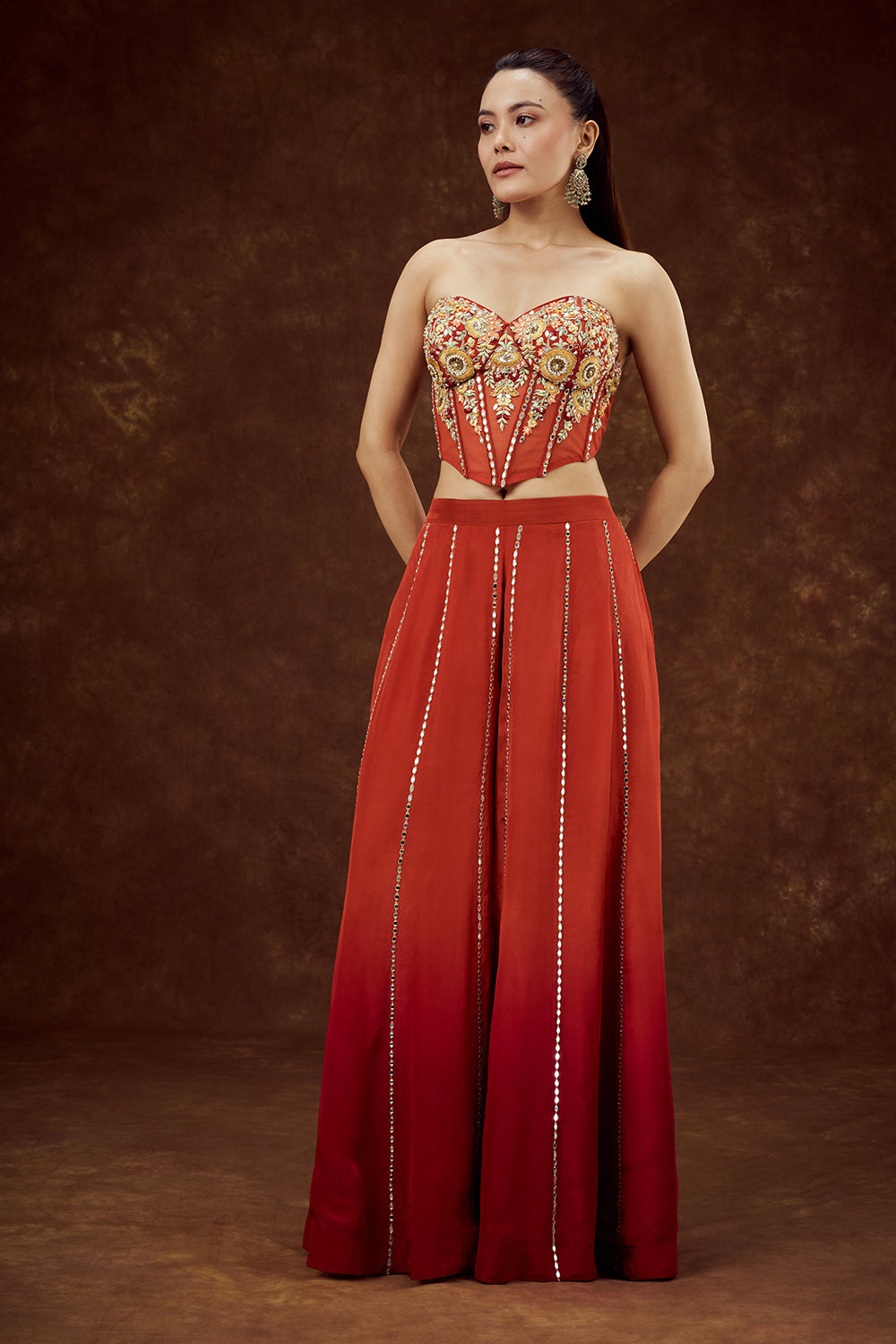 Orange Satin Crepe Cape Set with Thread and Mirror Work
