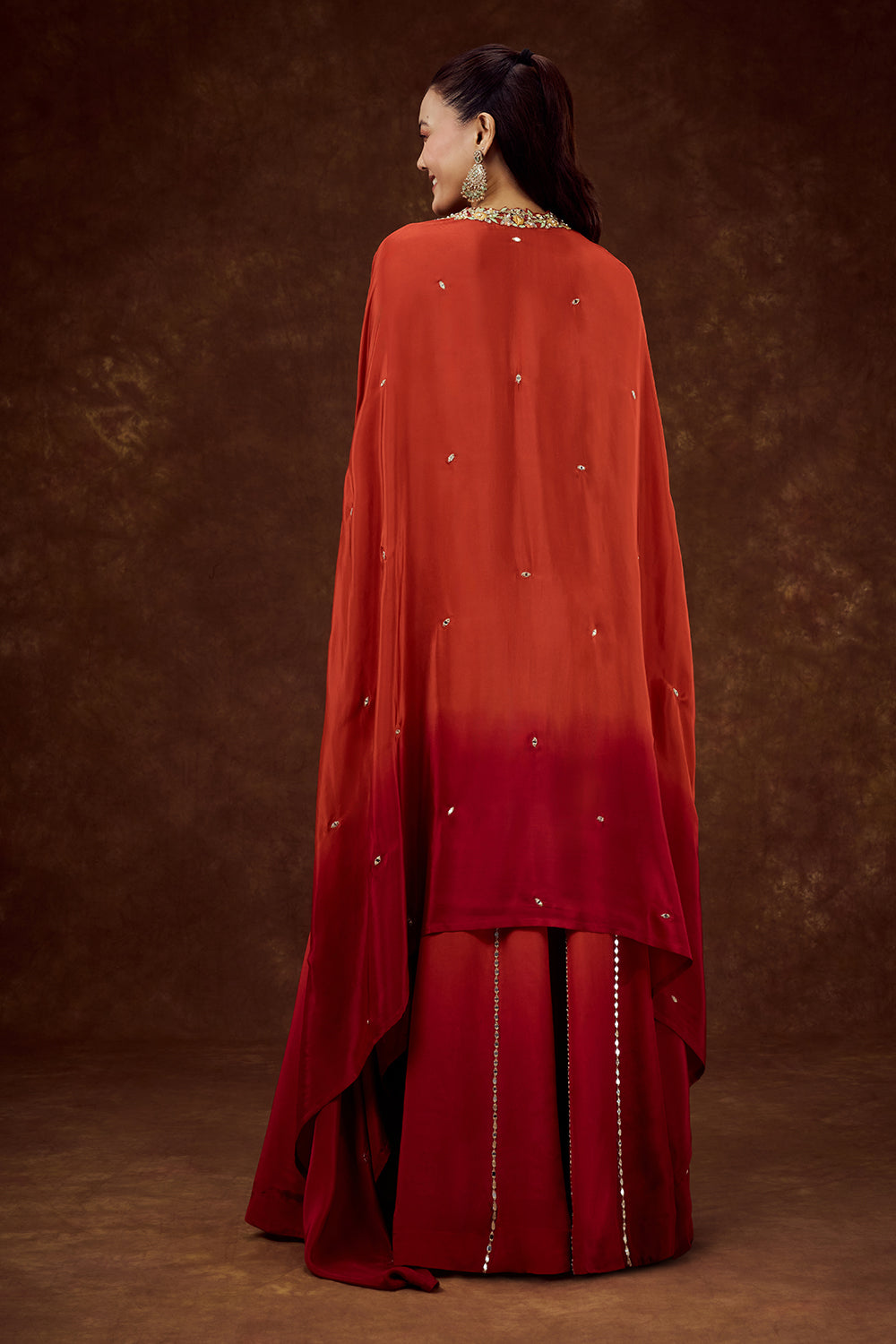 Orange Satin Crepe Cape Set with Thread and Mirror Work
