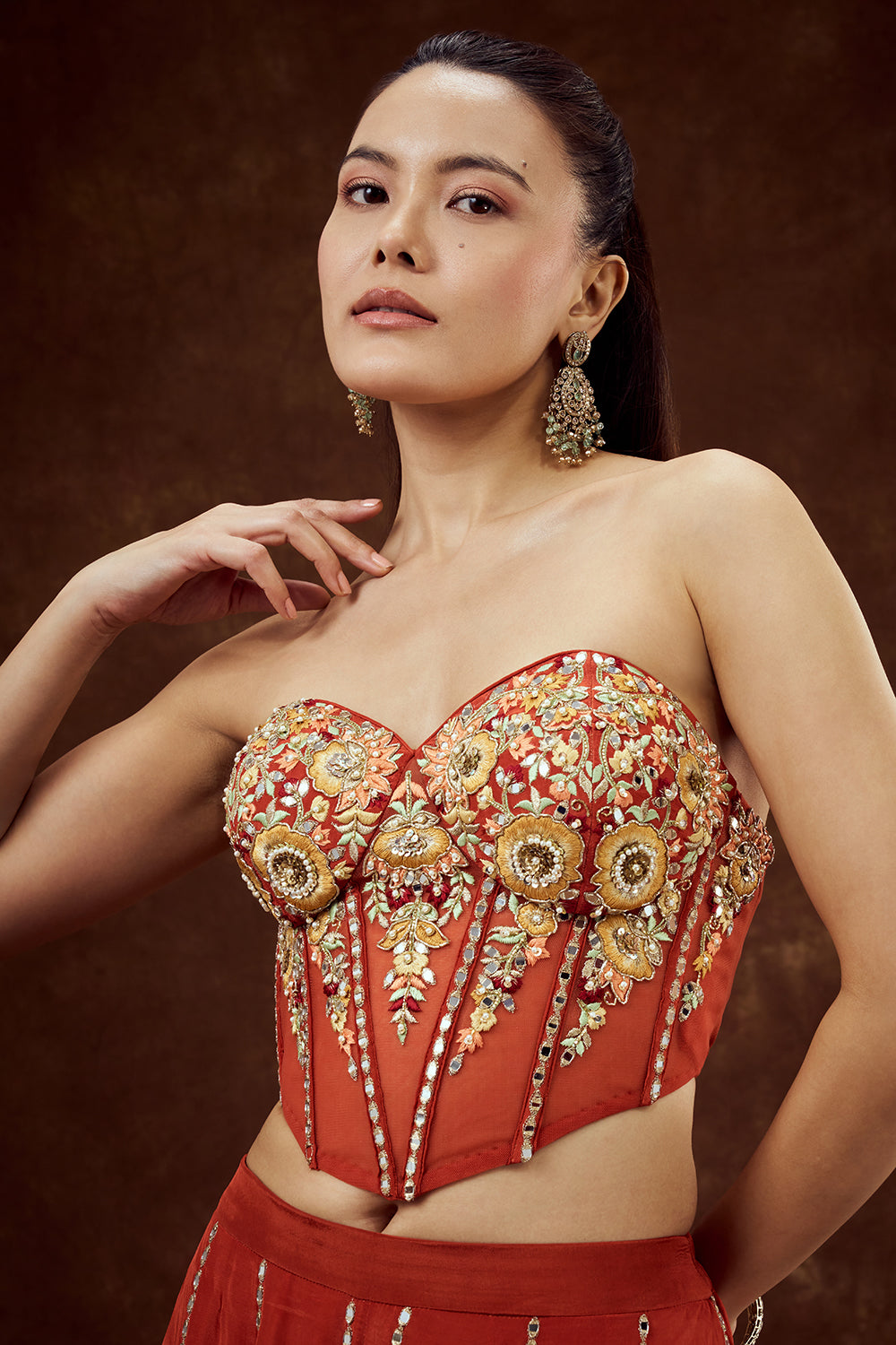 Orange Satin Crepe Cape Set with Thread and Mirror Work