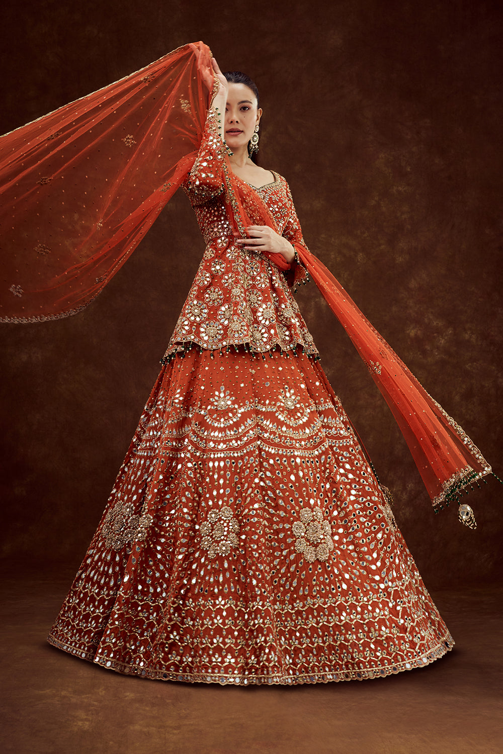 Orange Satin Organza Lehenga with Mirror and Zari Work