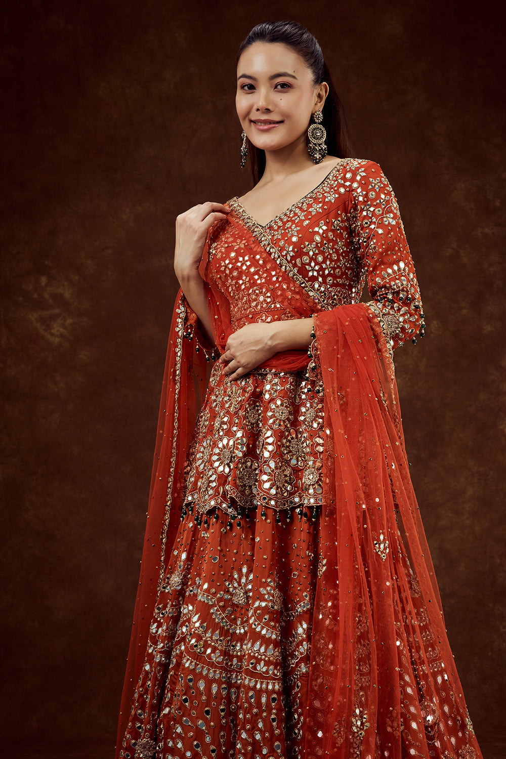 Orange Satin Organza Lehenga with Mirror and Zari Work