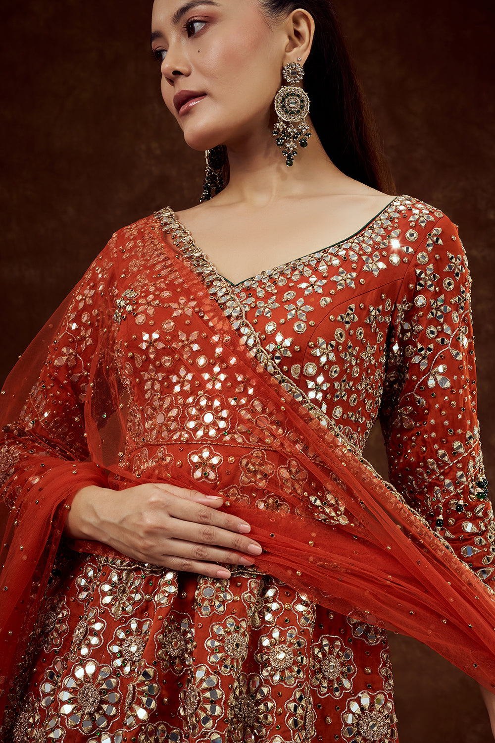 Orange Satin Organza Lehenga with Mirror and Zari Work