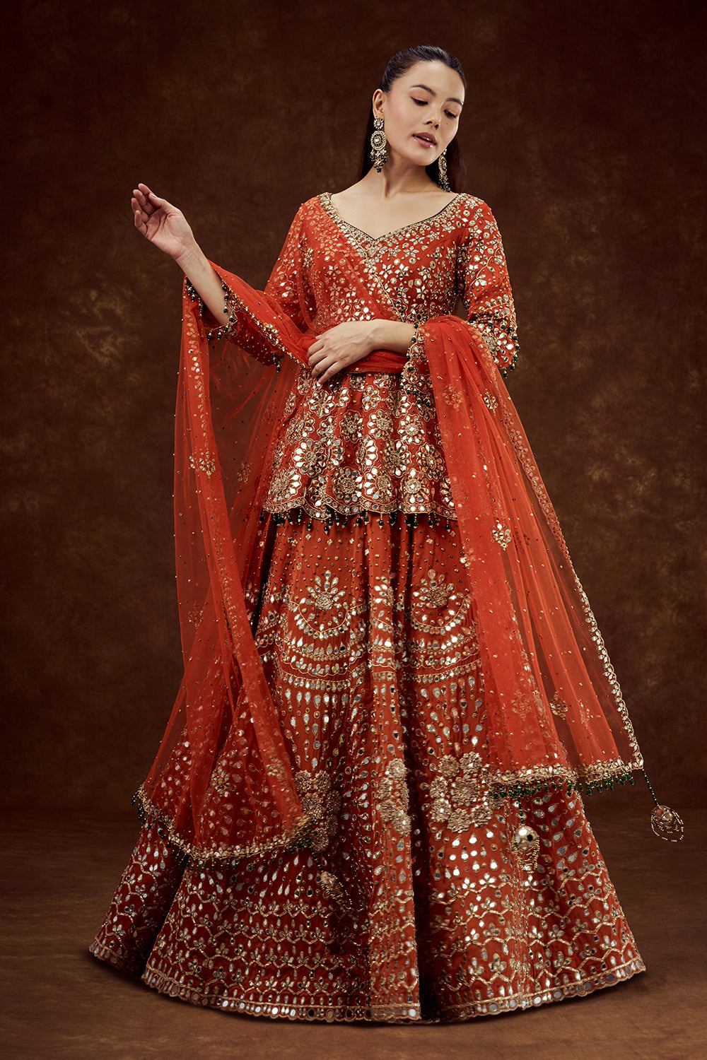 Orange Satin Organza Lehenga with Mirror and Zari Work