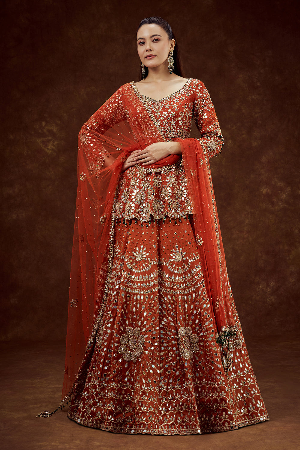 Orange Satin Organza Lehenga with Mirror and Zari Work