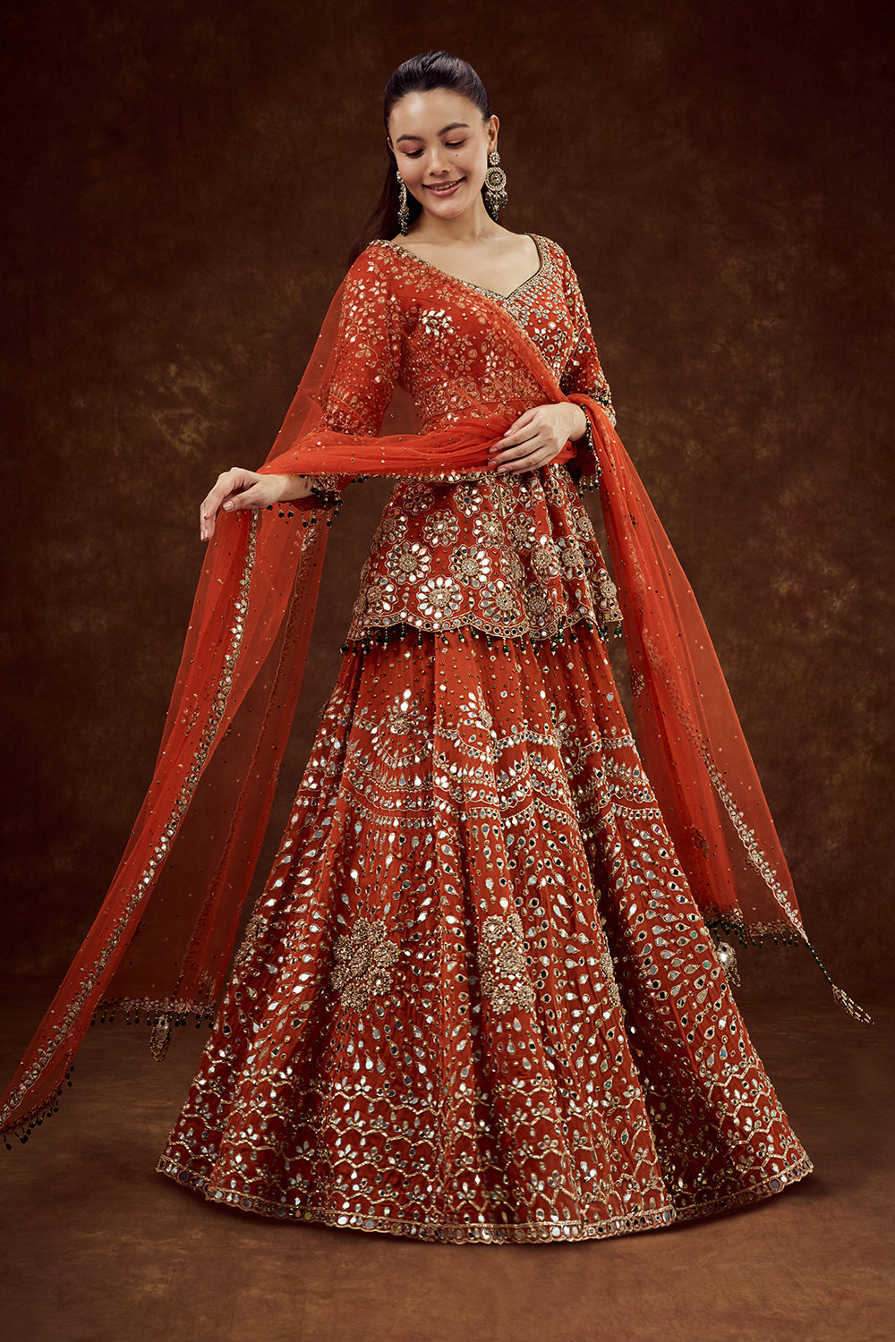 Orange Satin Organza Lehenga with Mirror and Zari Work
