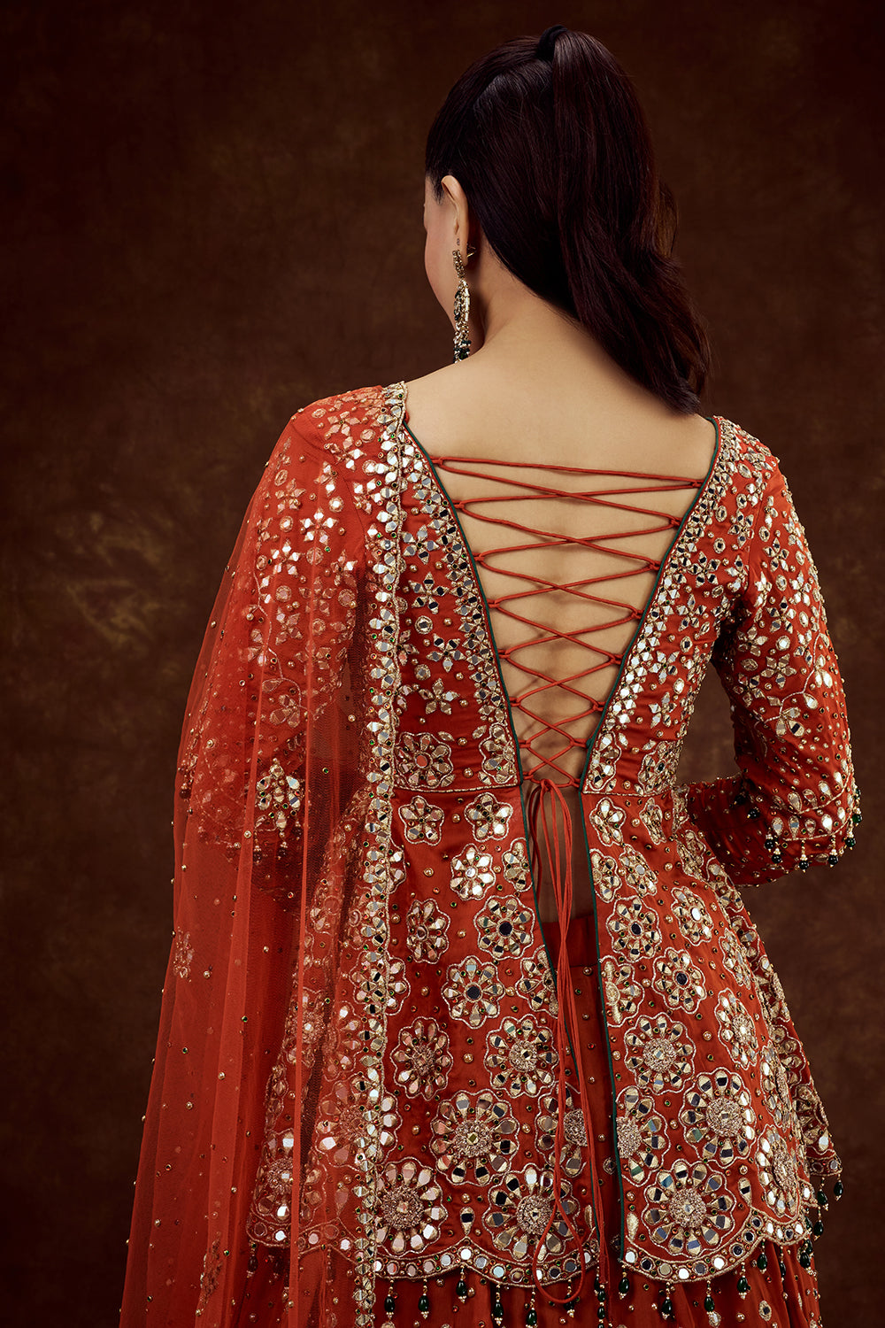 Orange Satin Organza Lehenga with Mirror and Zari Work