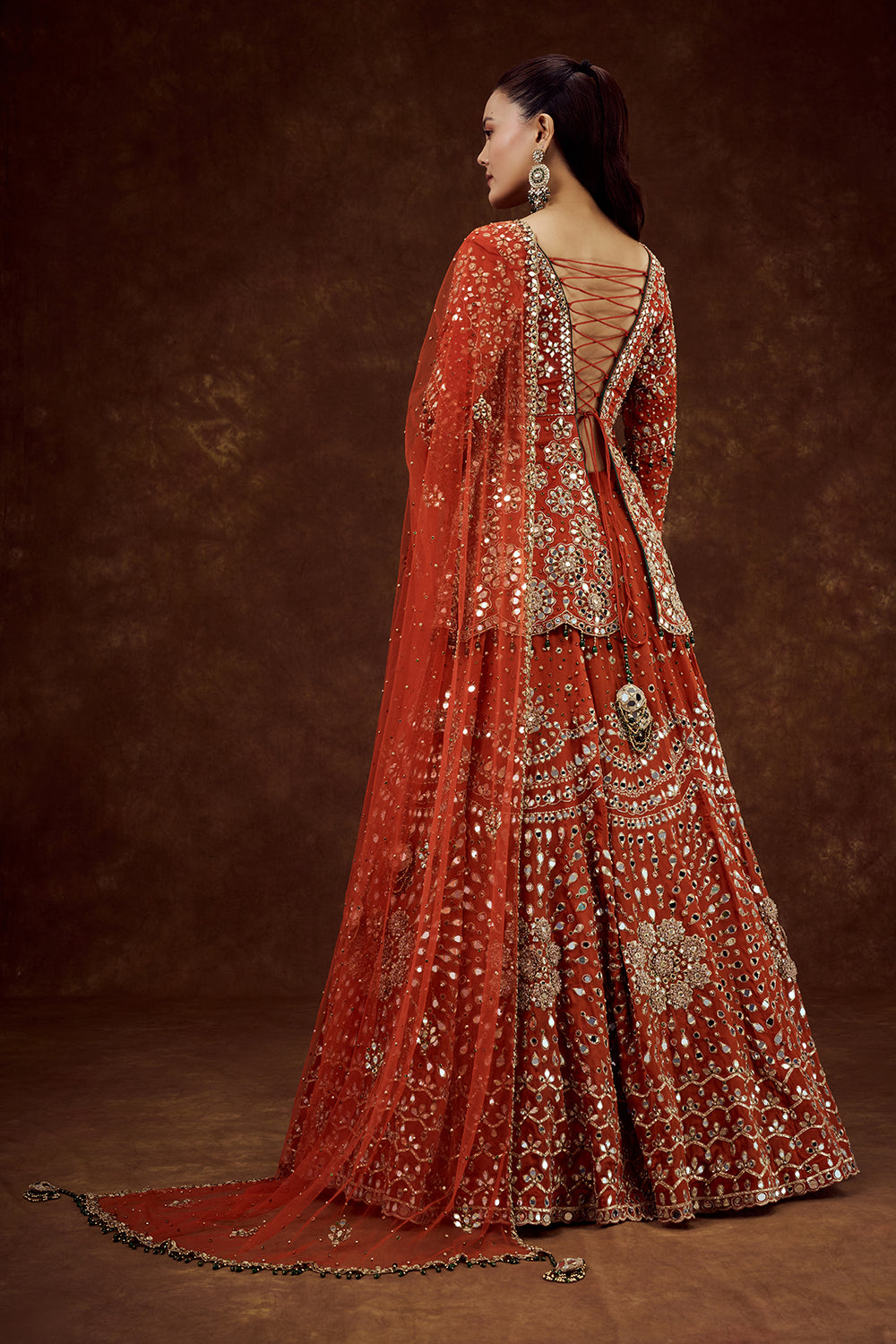 Orange Satin Organza Lehenga with Mirror and Zari Work