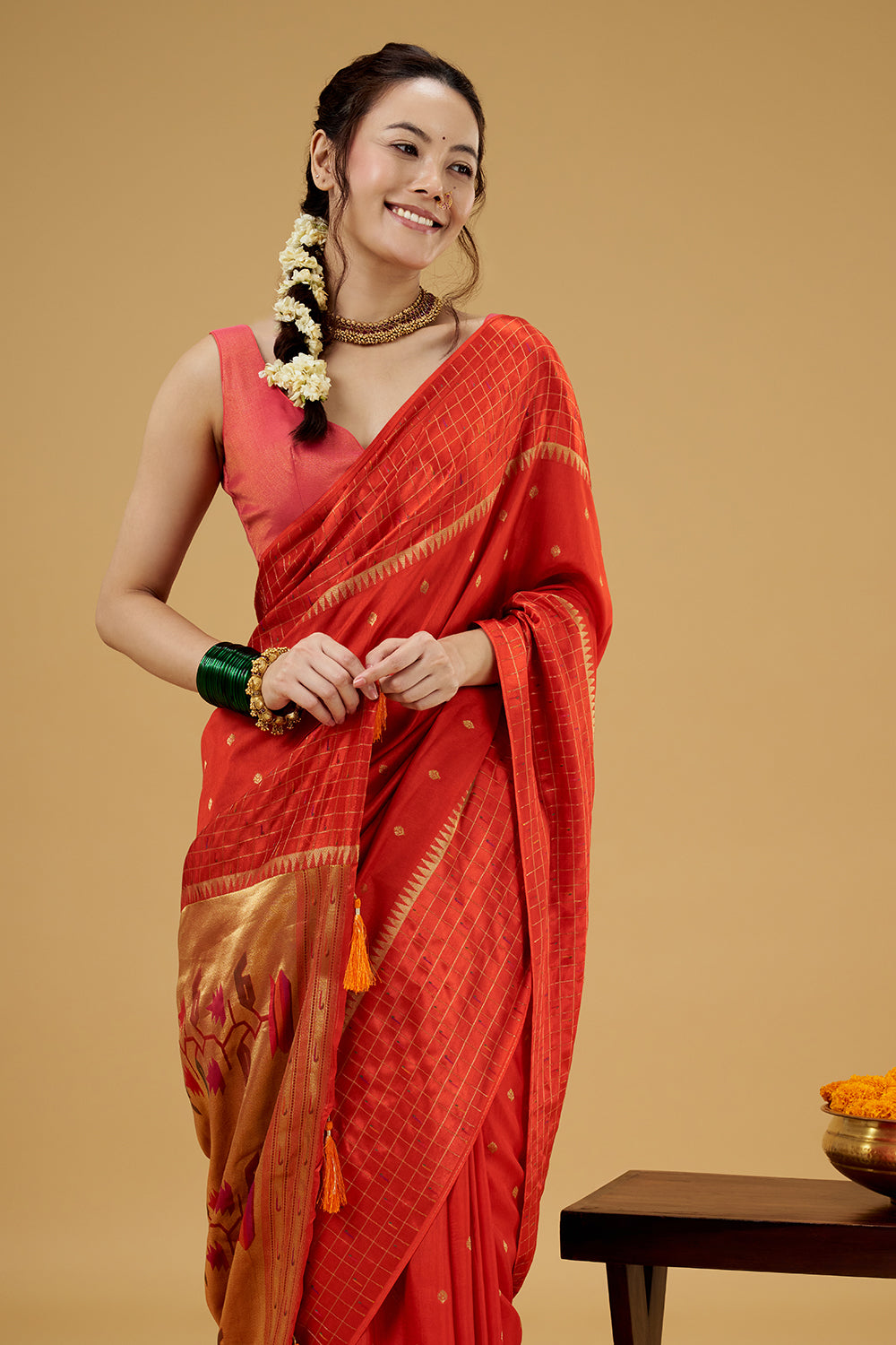 Orange Satin Silk Saree with Zari Work