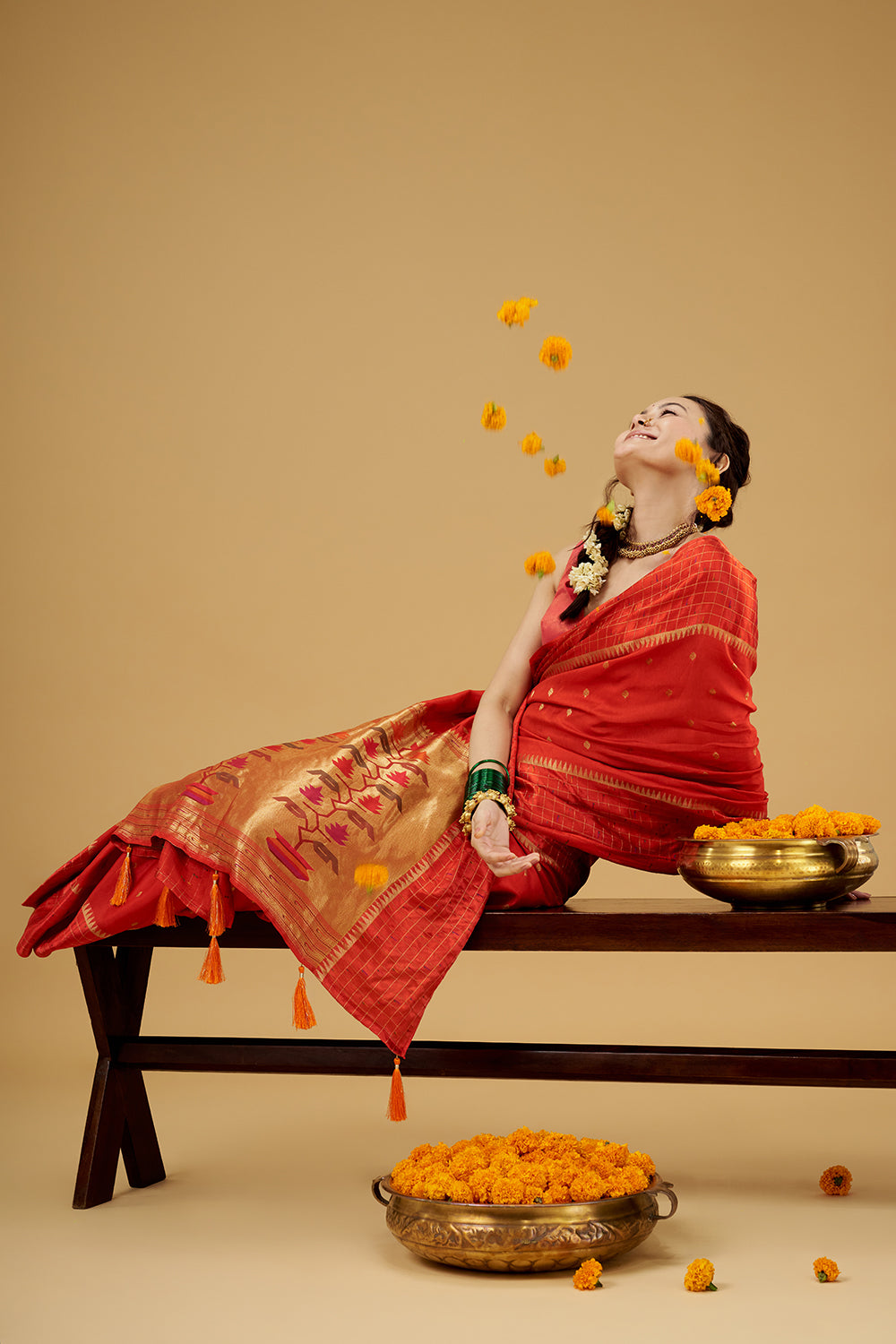 Orange Satin Silk Saree with Zari Work