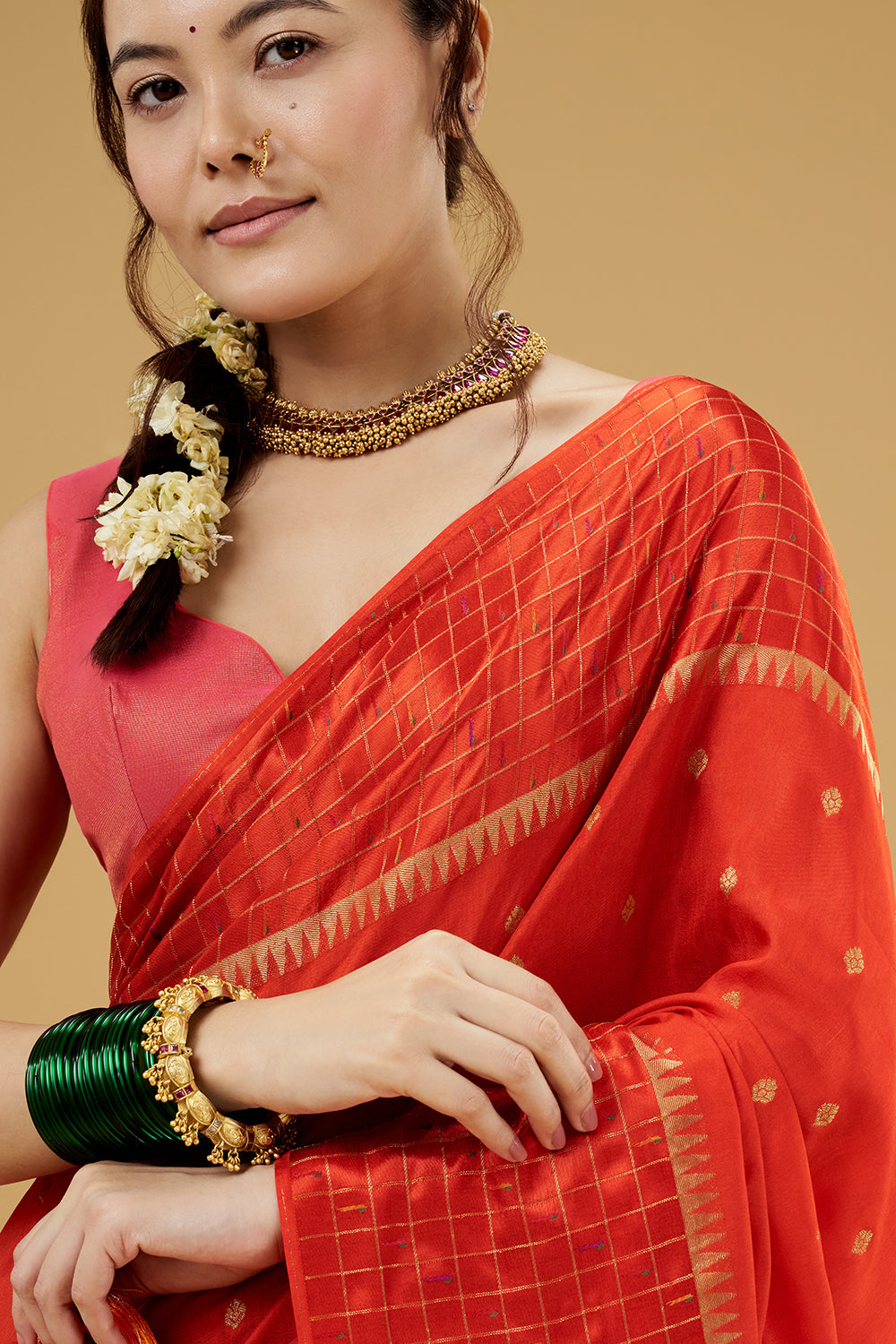 Orange Satin Silk Saree with Zari Work