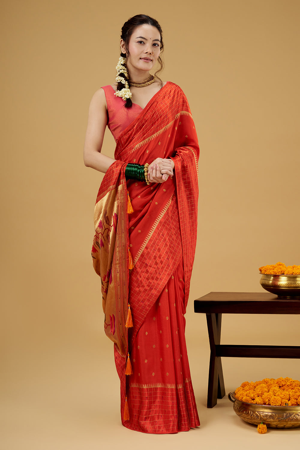 Orange Satin Silk Saree with Zari Work