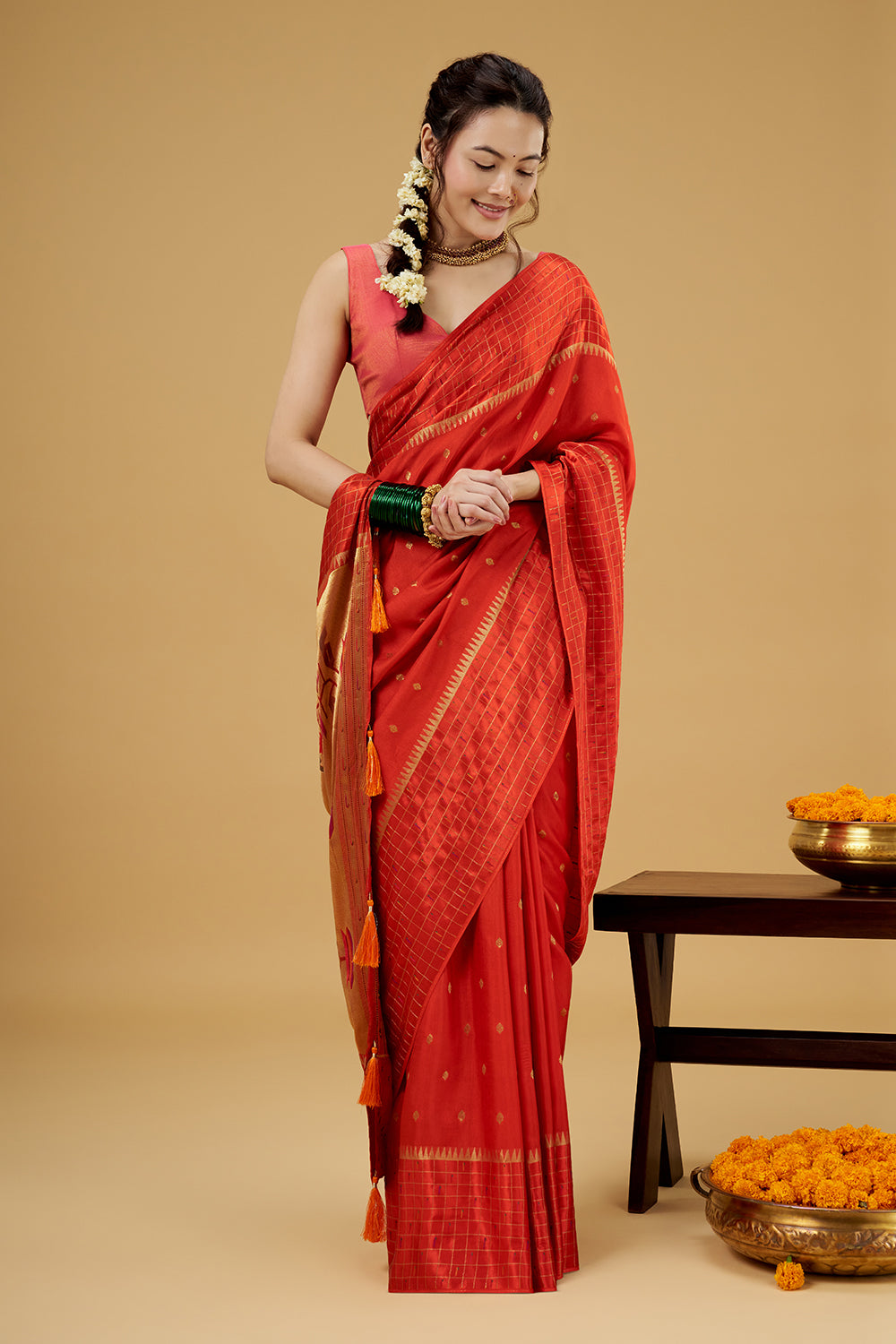 Orange Satin Silk Saree with Zari Work