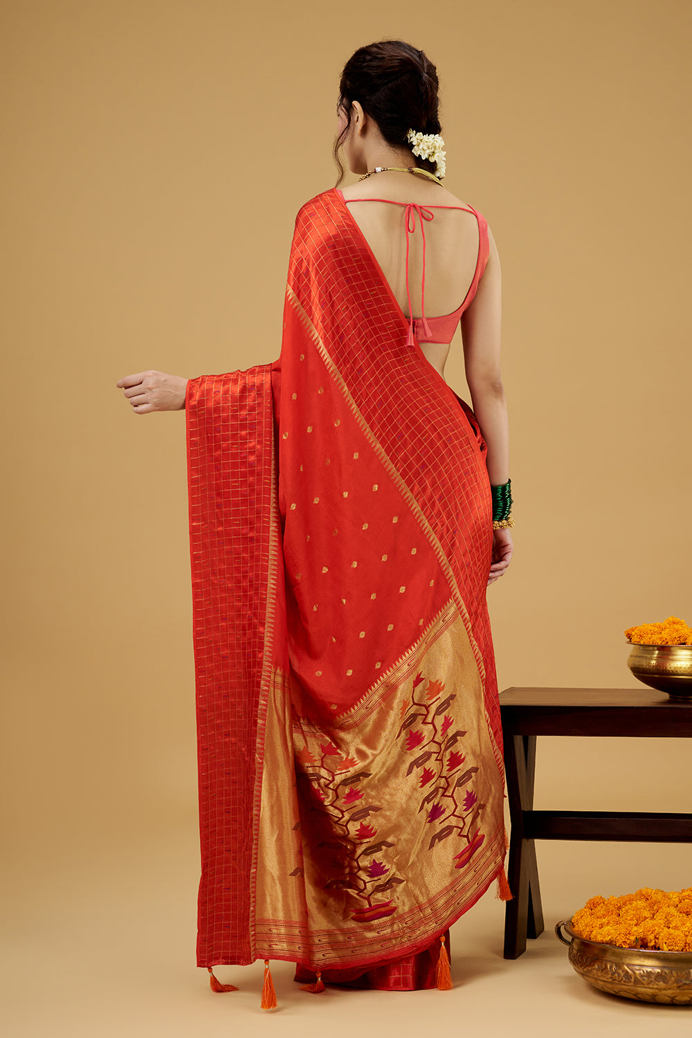 Orange Satin Silk Saree with Zari Work