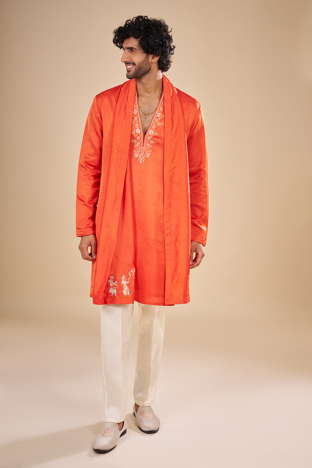 Orange Silk Kurta Set with Thread Embroidery