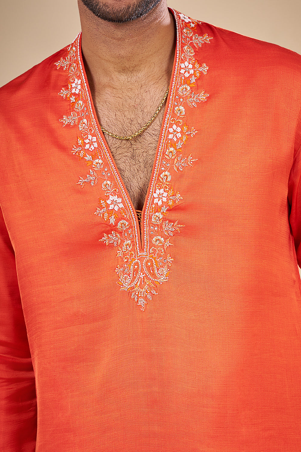 Orange Silk Kurta Set with Thread Embroidery