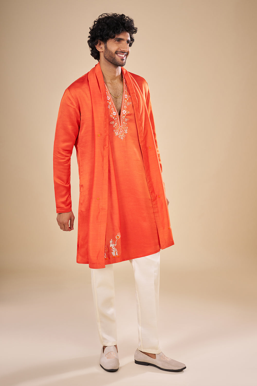 Orange Silk Kurta Set with Thread Embroidery