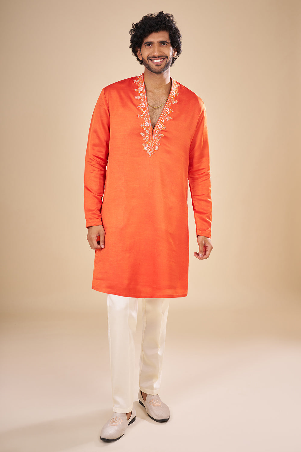 Orange Silk Kurta Set with Thread Embroidery