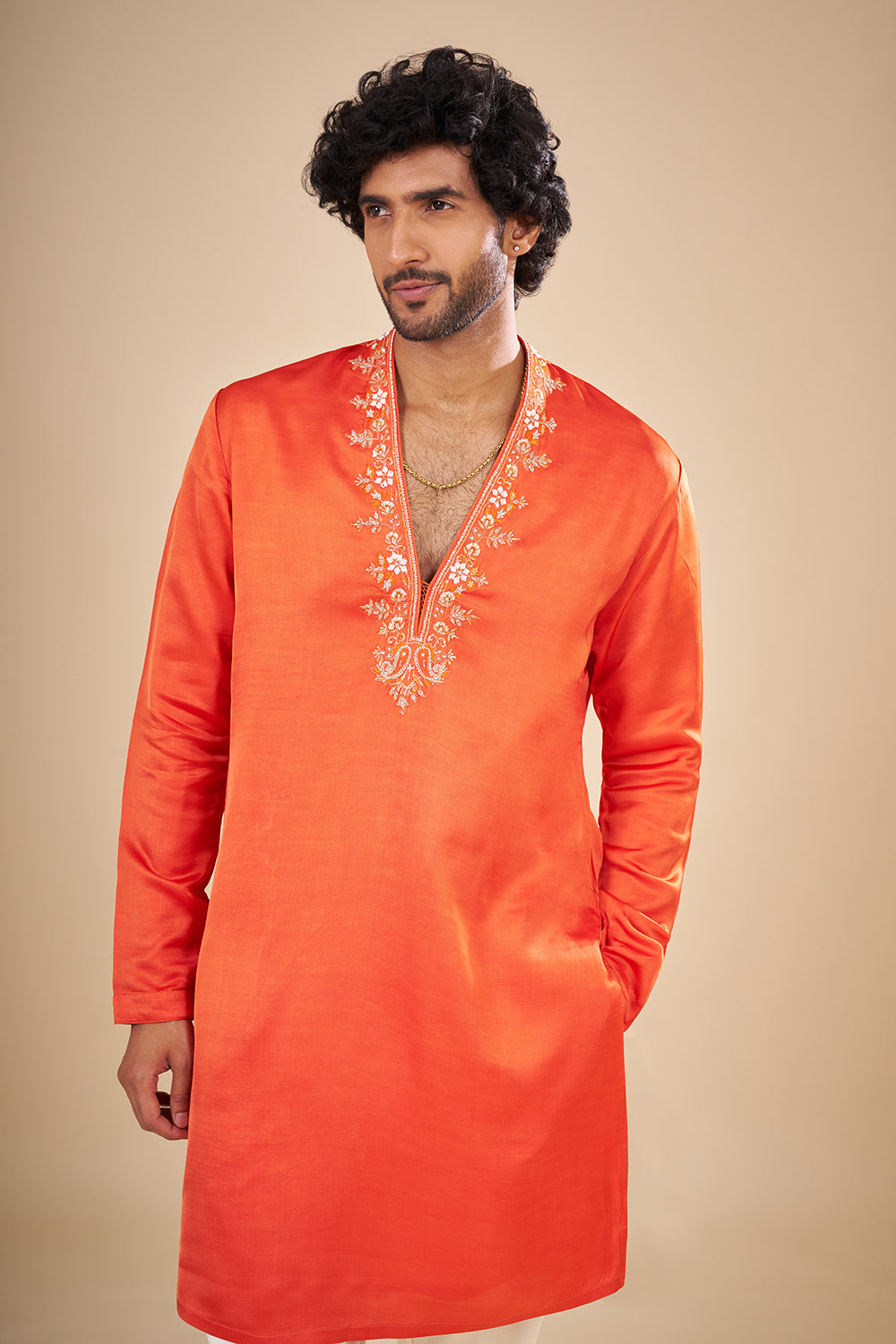 Orange Silk Kurta Set with Thread Embroidery