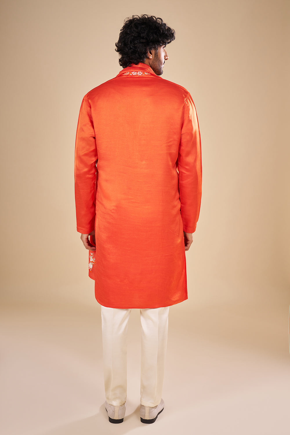 Orange Silk Kurta Set with Thread Embroidery