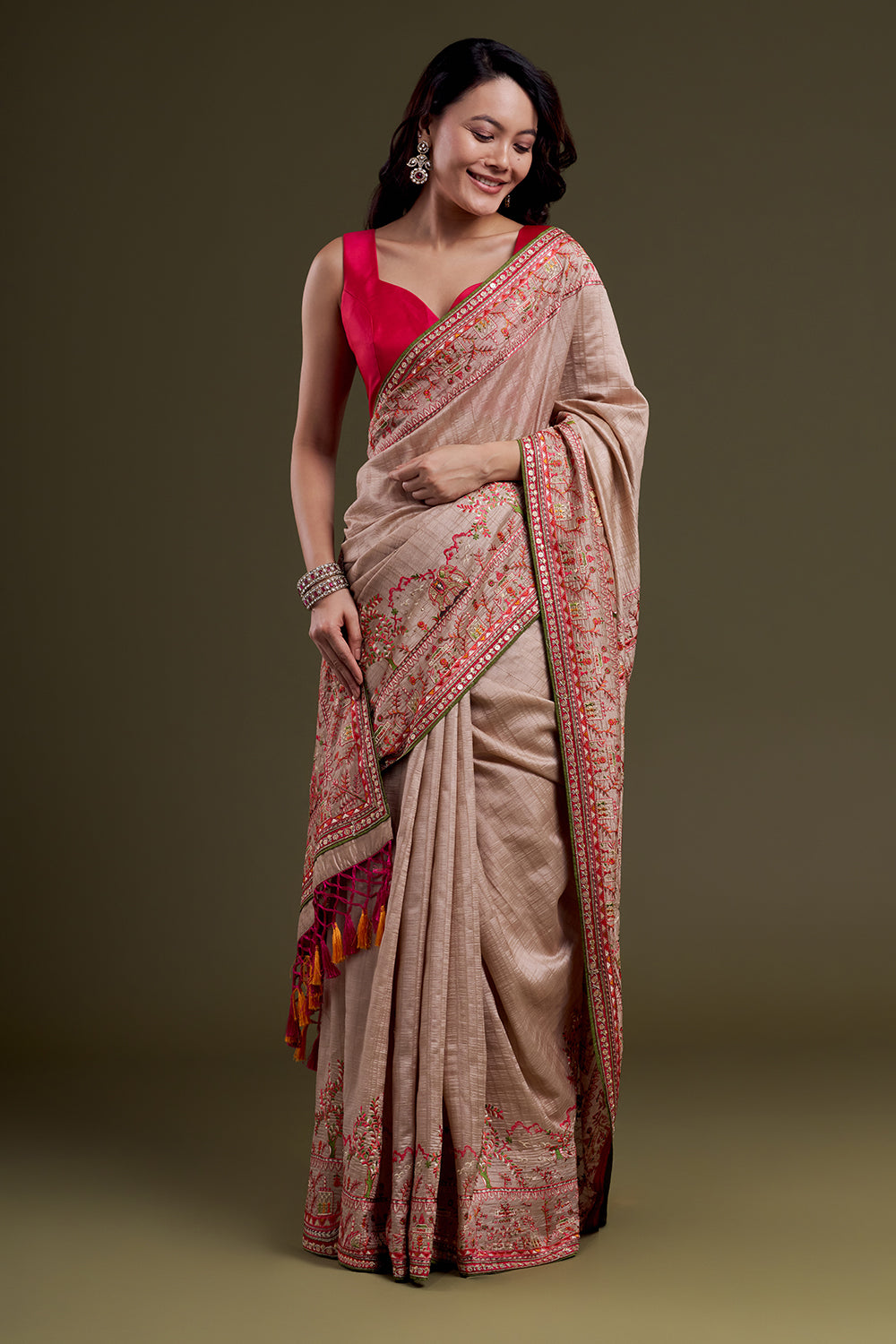 Pale Brown Embroidered Raw Silk Saree