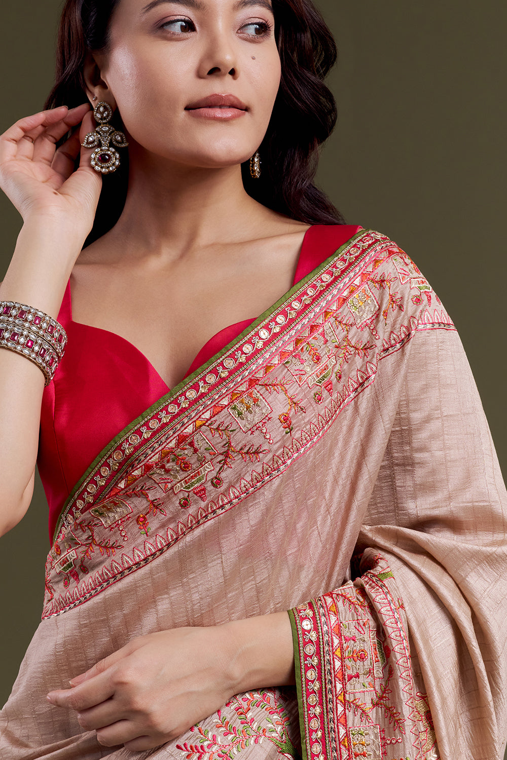 Pale Brown Embroidered Raw Silk Saree