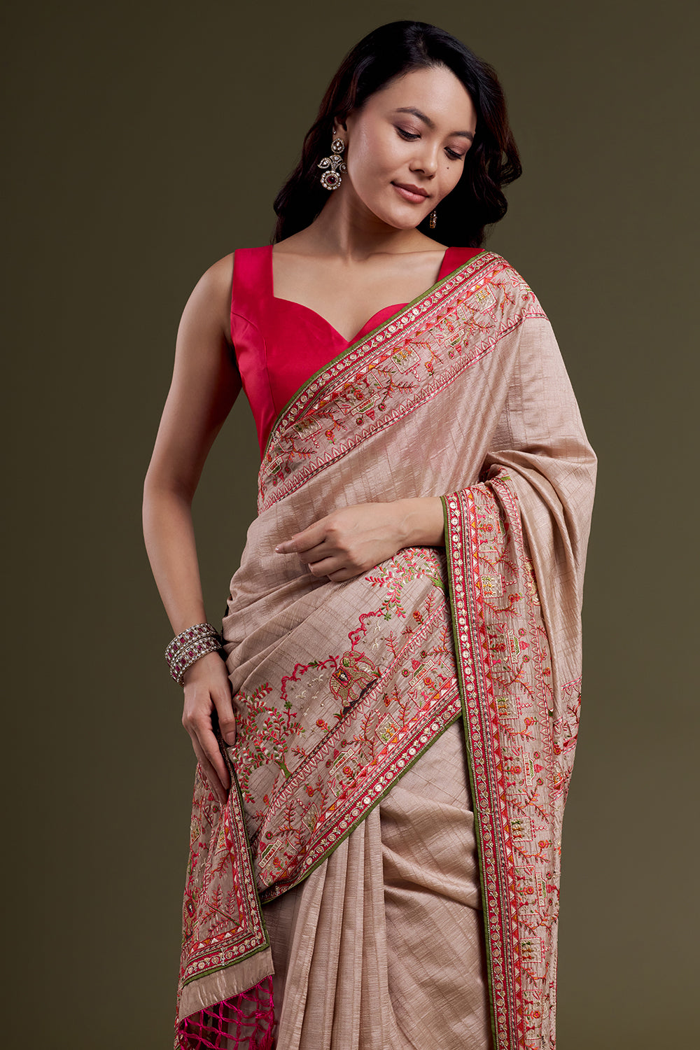 Pale Brown Embroidered Raw Silk Saree