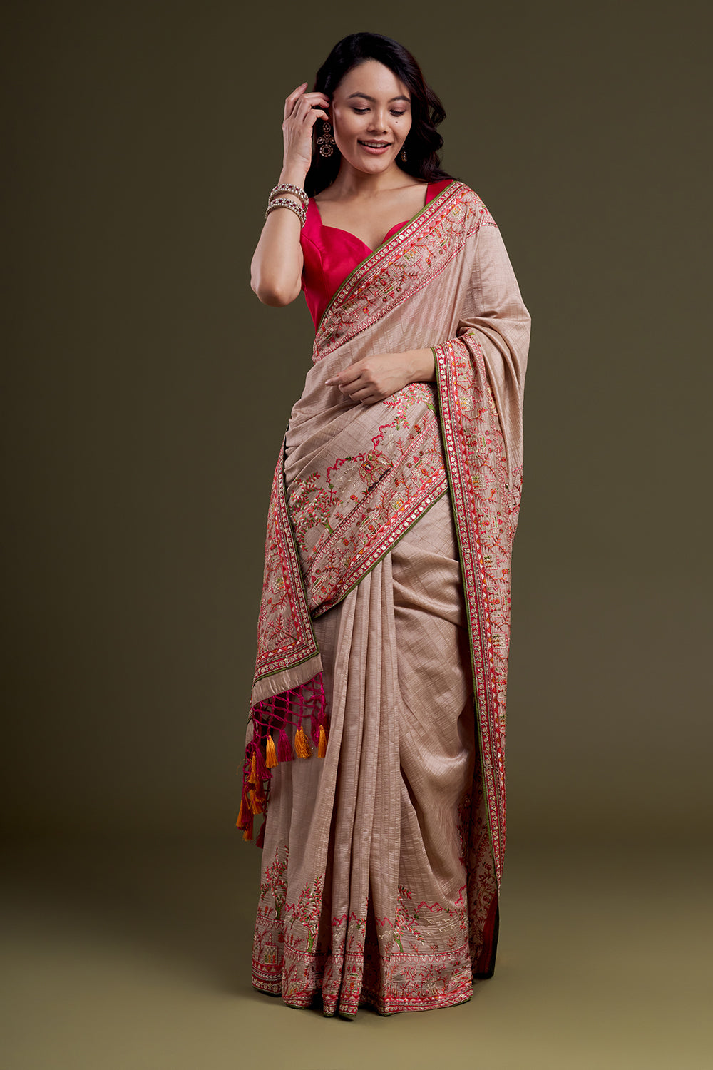 Pale Brown Embroidered Raw Silk Saree