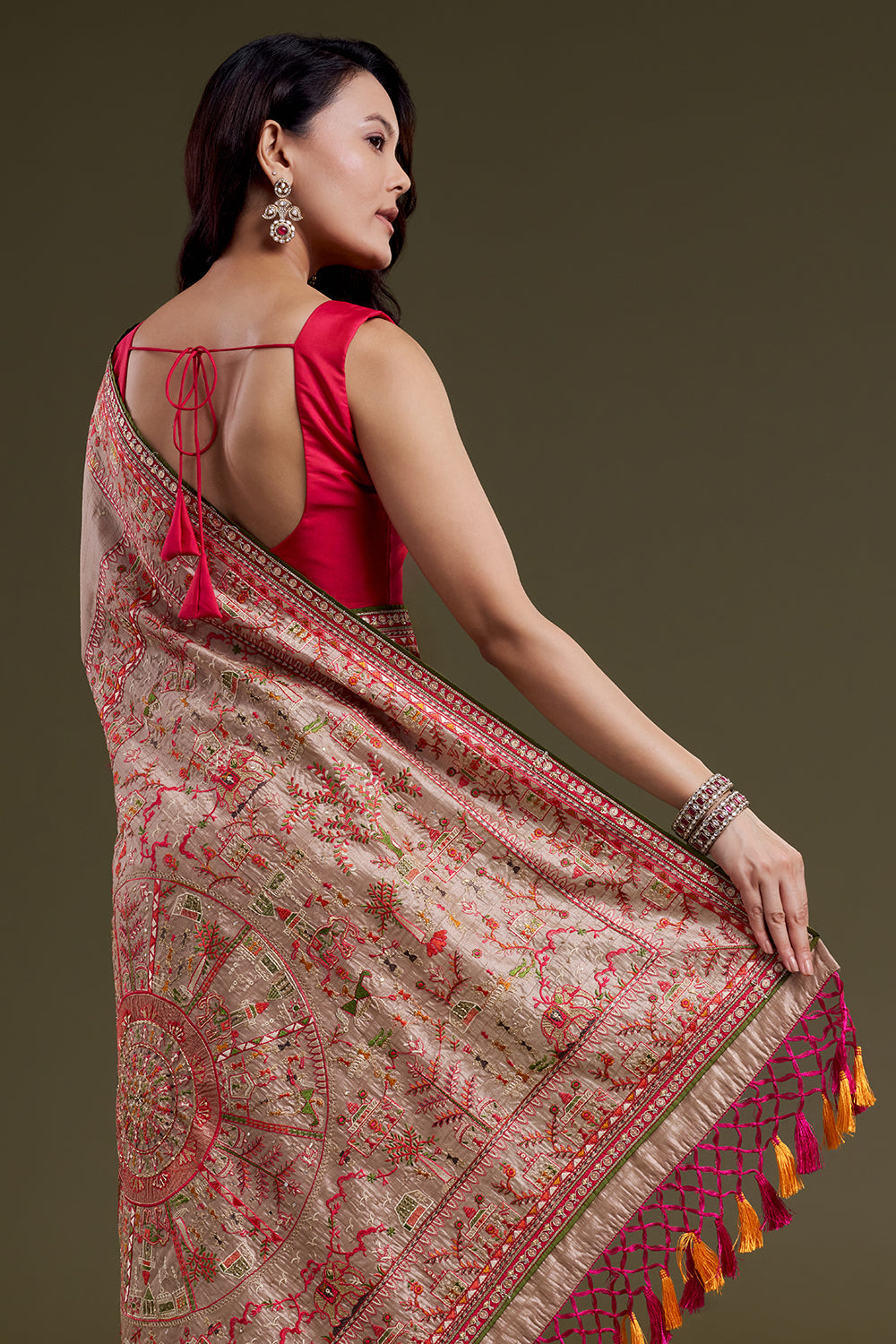 Pale Brown Embroidered Raw Silk Saree