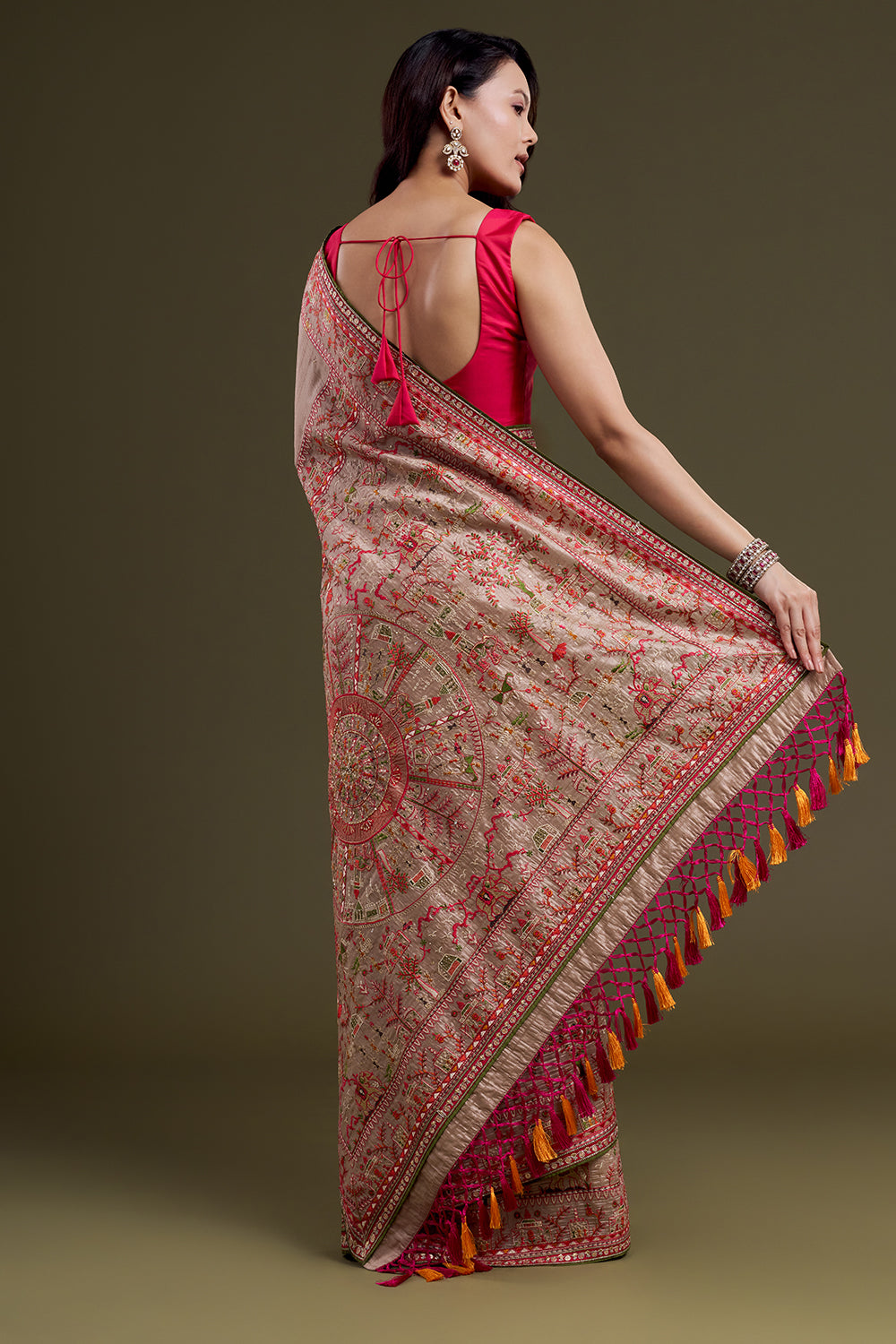 Pale Brown Embroidered Raw Silk Saree