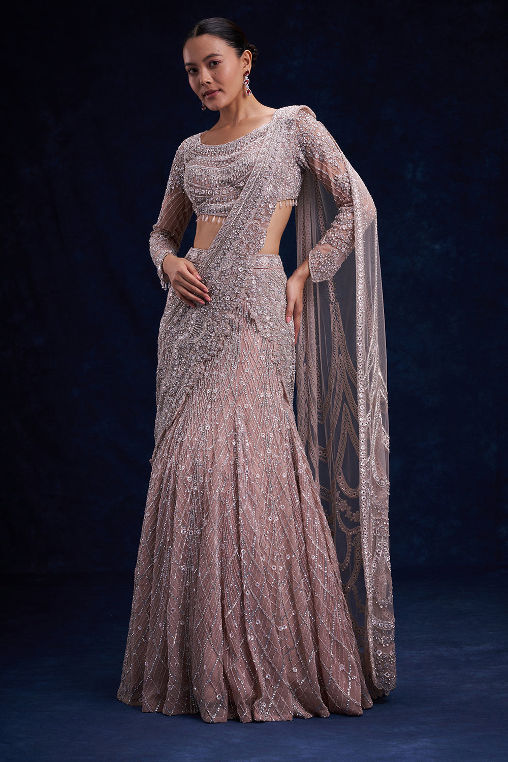 Pale Brown Net Ready Pleated Saree with Cutdana, Sequin and Bead Work