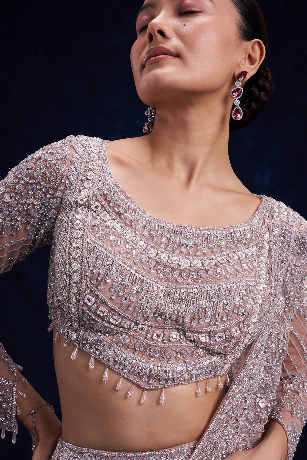 Pale Brown Net Ready Pleated Saree with Cutdana, Sequin and Bead Work