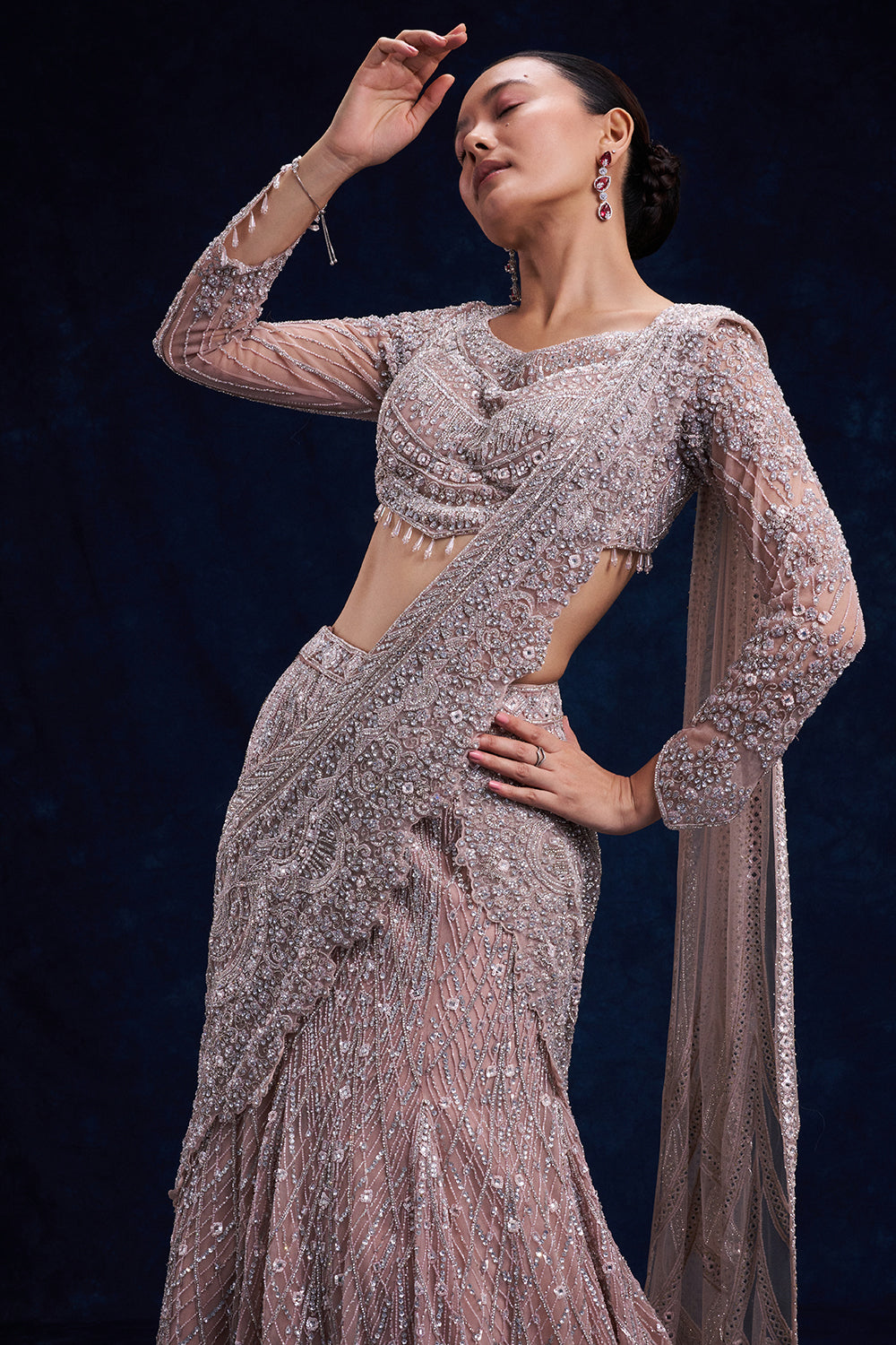 Pale Brown Net Ready Pleated Saree with Cutdana, Sequin and Bead Work