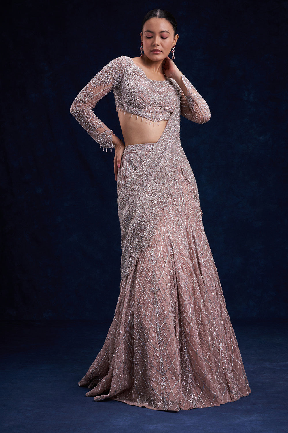 Pale Brown Net Ready Pleated Saree with Cutdana, Sequin and Bead Work